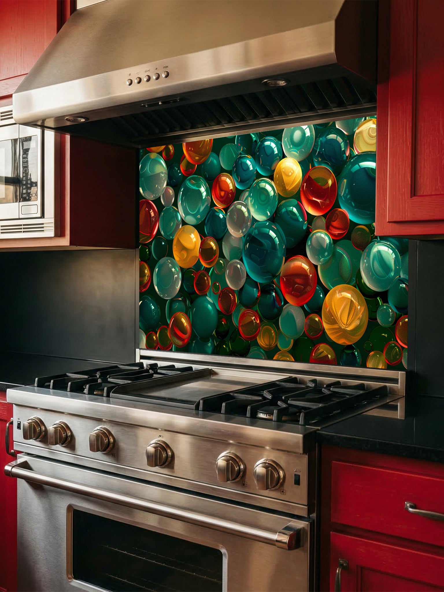 Faux 3D effect colorful translucent glass orbs and bubbles in jewel tones, UV printed on a smooth tempered glass kitchen backsplash, installed behind a modern stove.