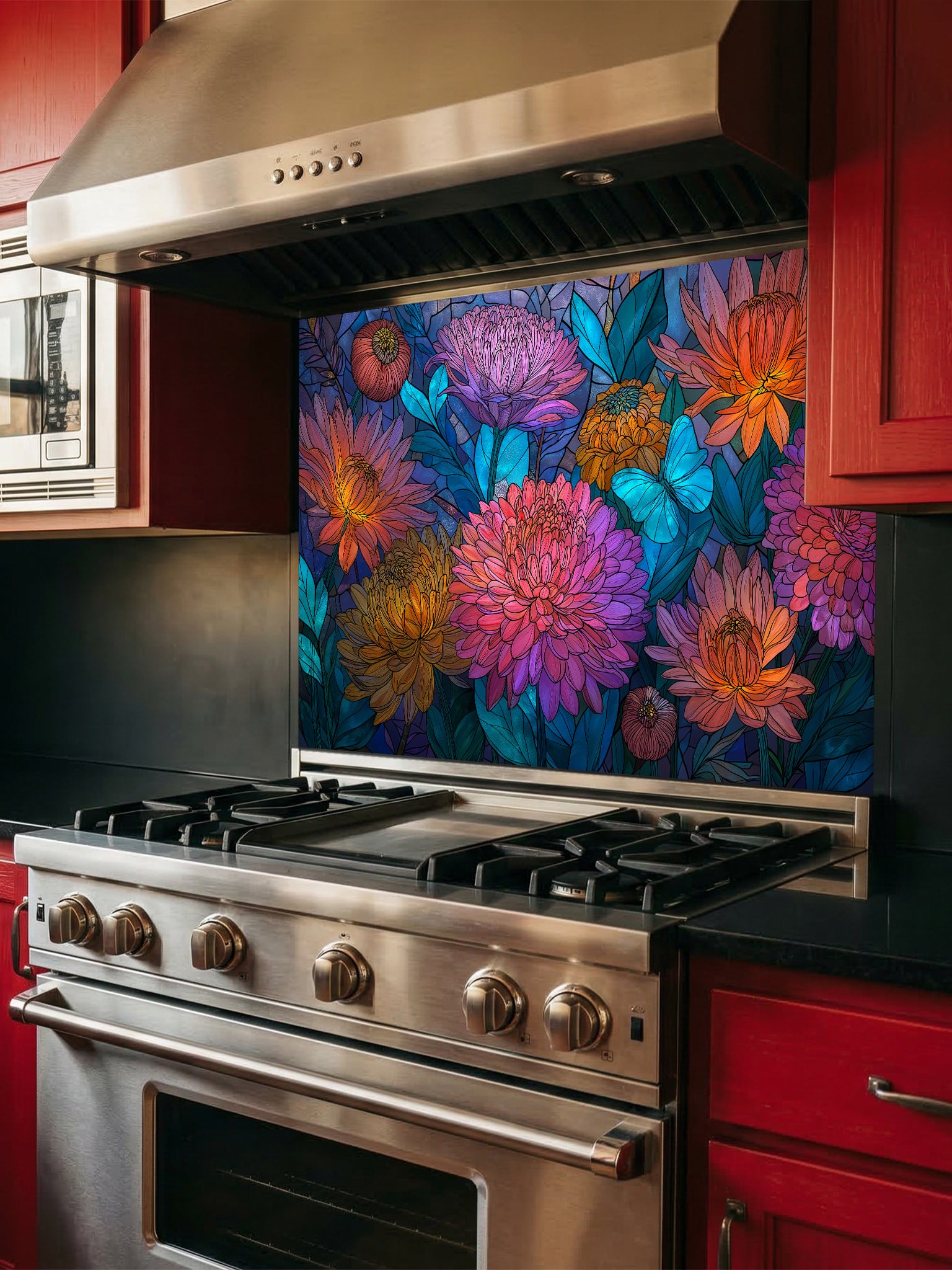 Stained glass style vibrant pink and orange dahlia flowers with a bright blue butterfly, UV printed on a smooth tempered glass kitchen backsplash, installed behind a modern stove.