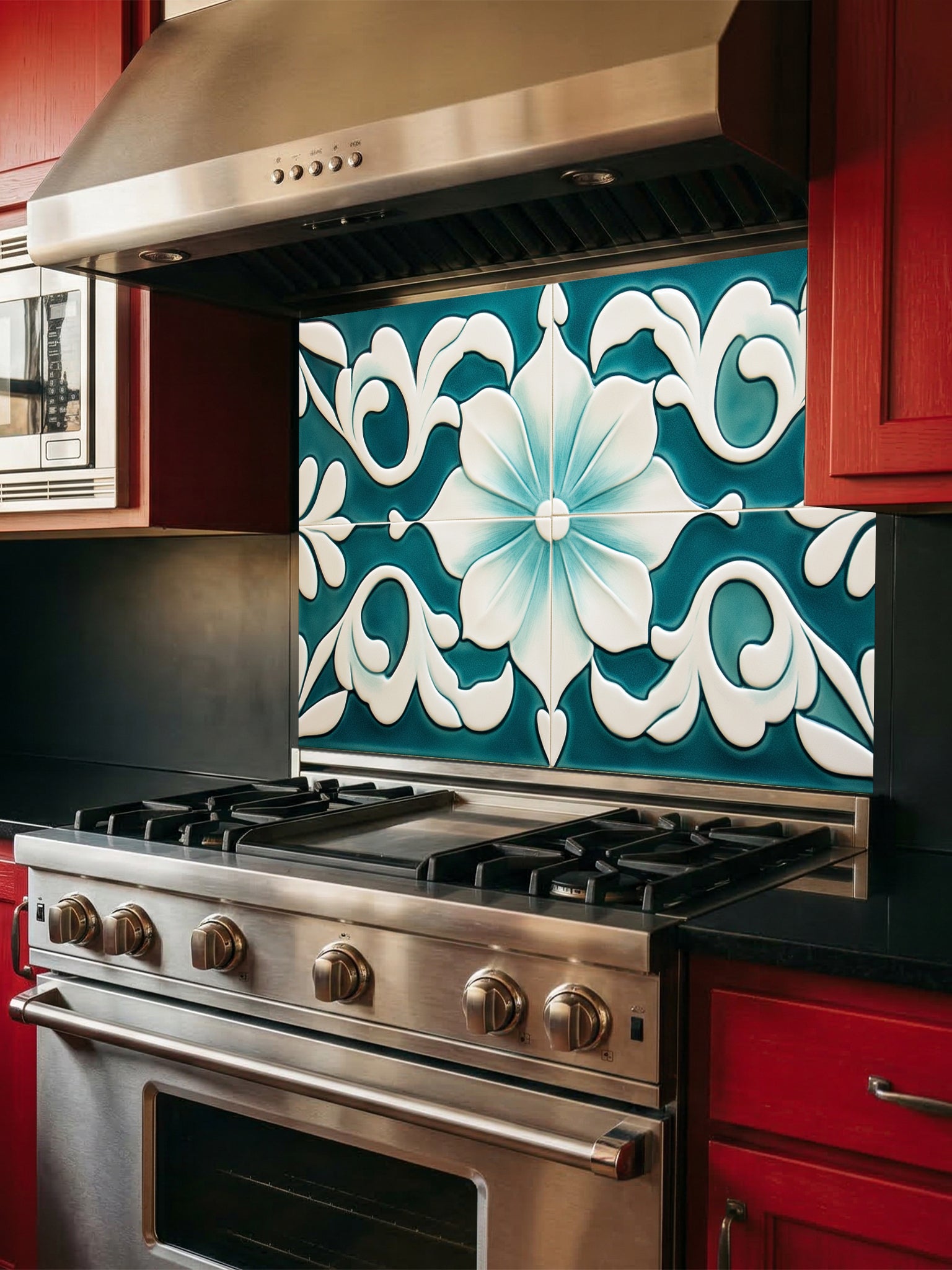 Tempered glass kitchen backsplash featuring a highly realistic illusion of traditional Mediterranean or Talavera tiles, showcasing a large, elegant floral or lotus pattern in deep teal and creamy ivory, installed behind a modern black stove.