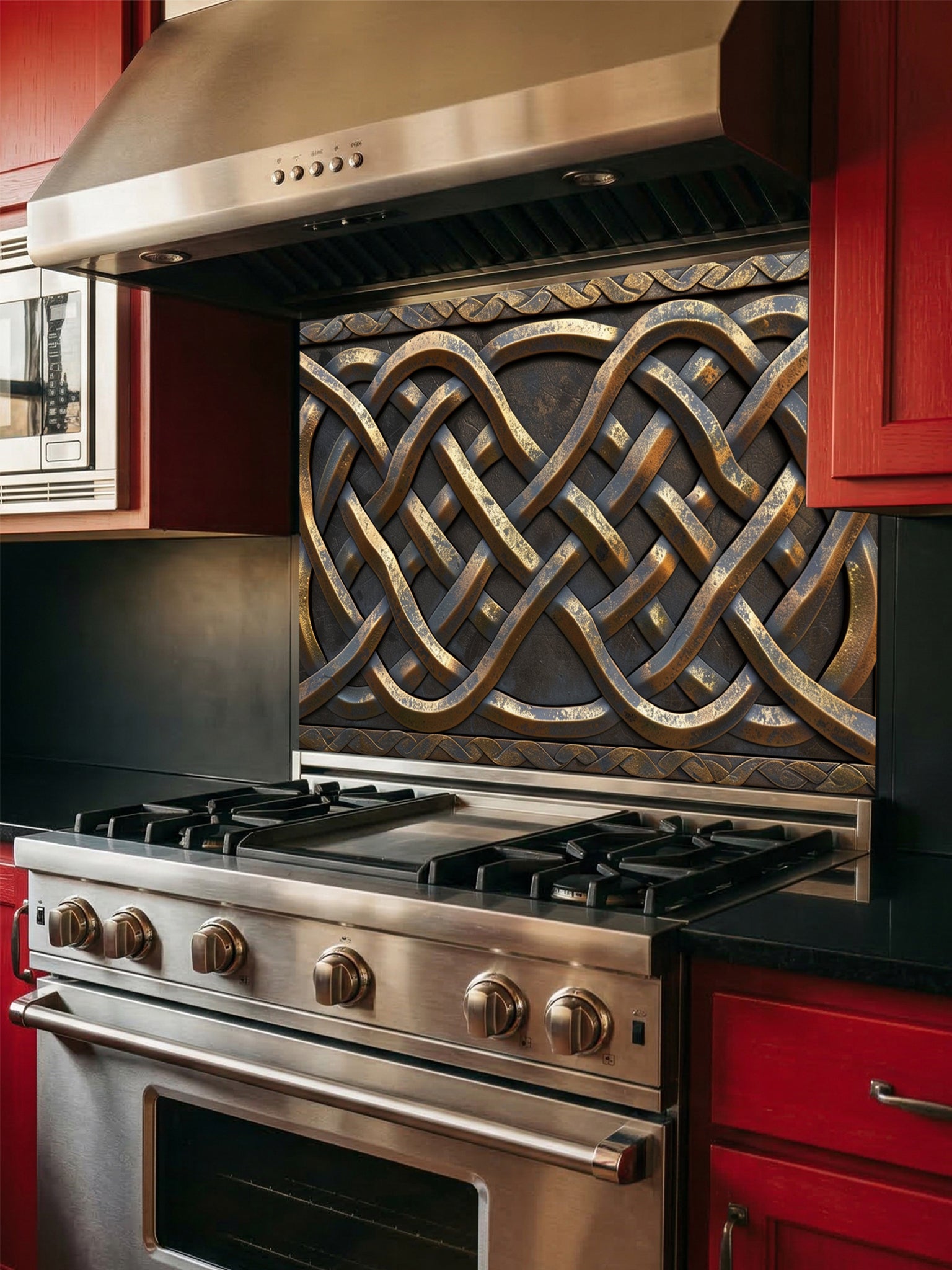 Tempered glass kitchen backsplash featuring a highly realistic 3D faux metal design of intricate interlaced Celtic knots in antique bronze and dark iron tones, installed behind a modern stainless steel stove.
