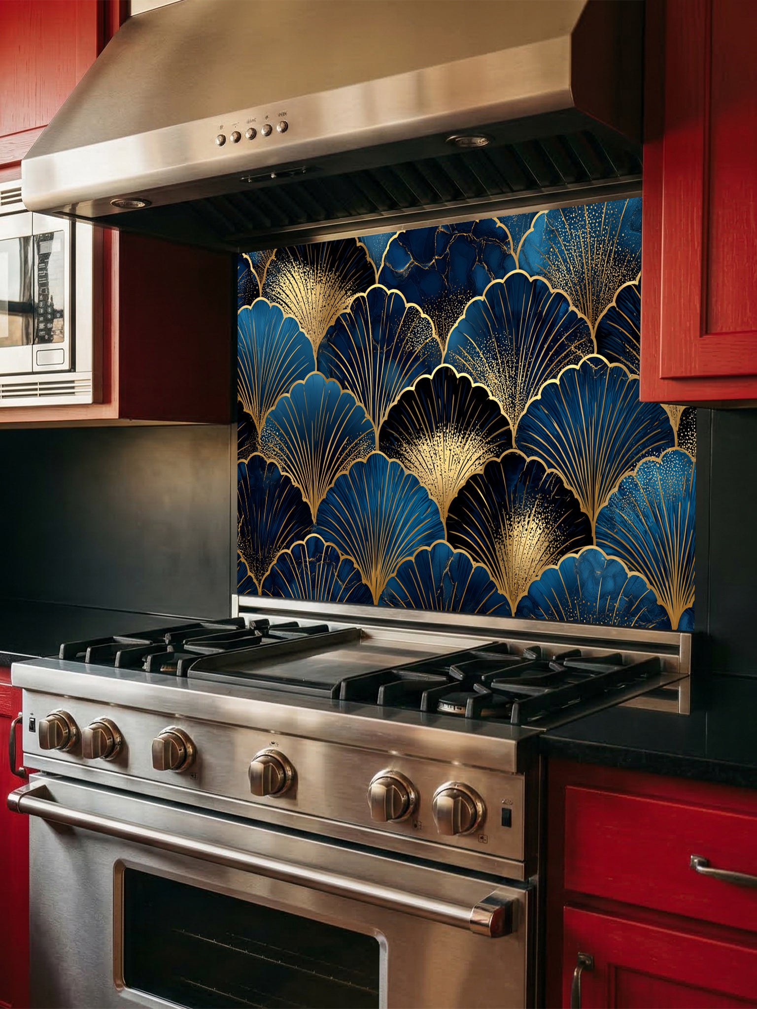 Elegant Art Deco geometric scalloped fan pattern in deep navy blue and gold, UV printed on a smooth tempered glass kitchen backsplash, installed behind a modern stove.