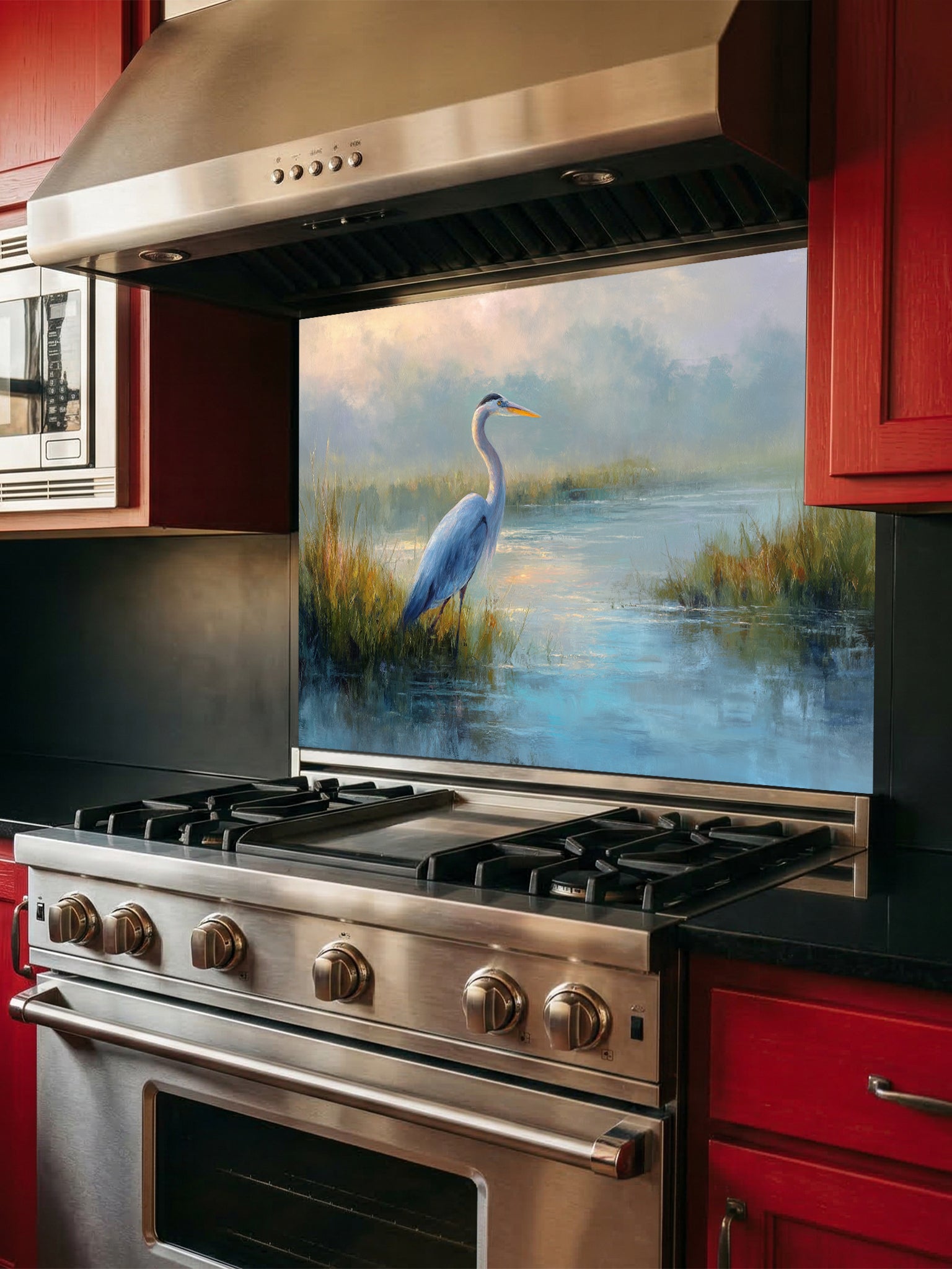 Fine art style oil painting of a blue heron standing in a misty wetland marsh, UV printed on a smooth tempered glass kitchen backsplash.
