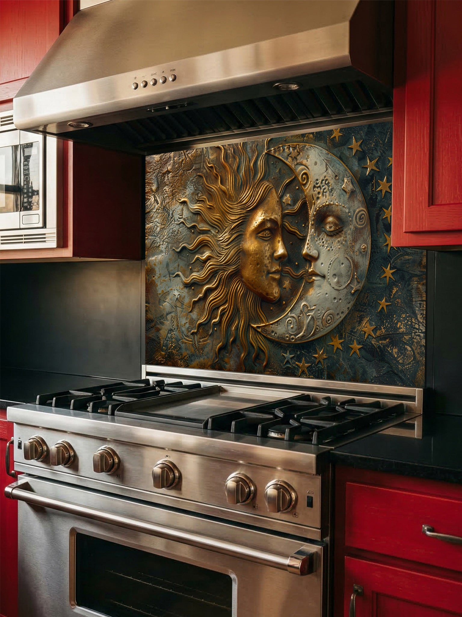 Tempered glass kitchen backsplash featuring a highly realistic 3D faux metal design of a celestial sun and moon with stars in antique bronze, gold, and oxidized silver tones, installed behind a modern stainless steel stove.