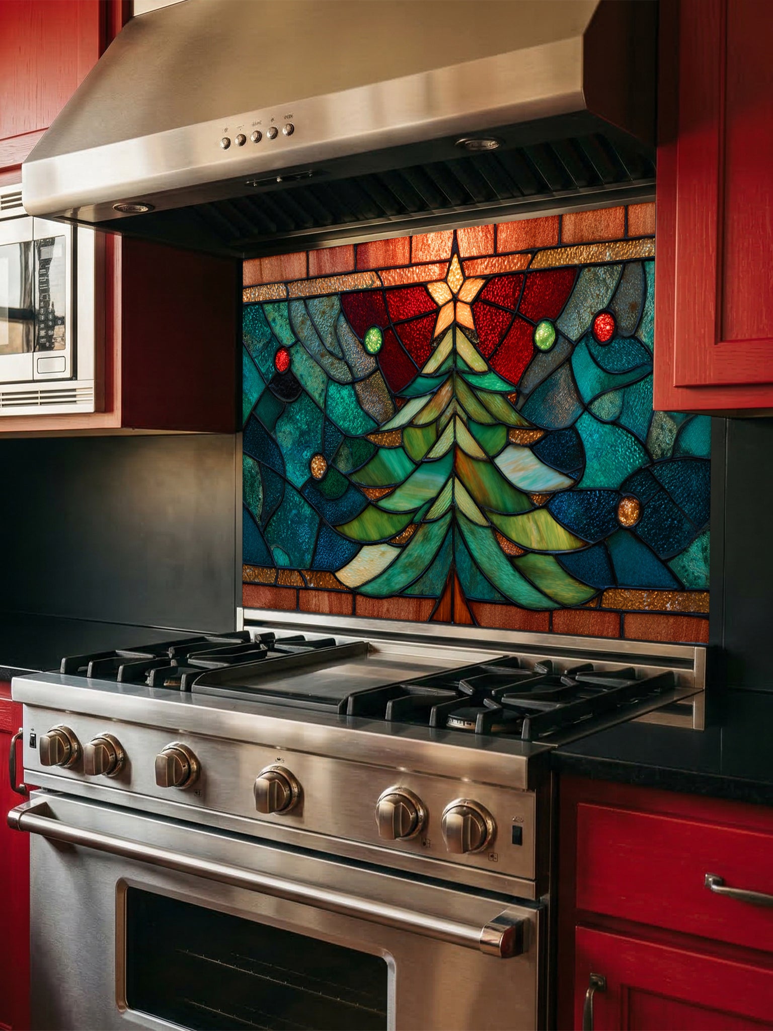 Tempered glass kitchen backsplash featuring a highly realistic 3D illusion of stained glass art showing a festive evergreen Christmas tree decorated with red ornaments and a glowing gold star against a warm amber and blue background, installed behind a modern black stove.