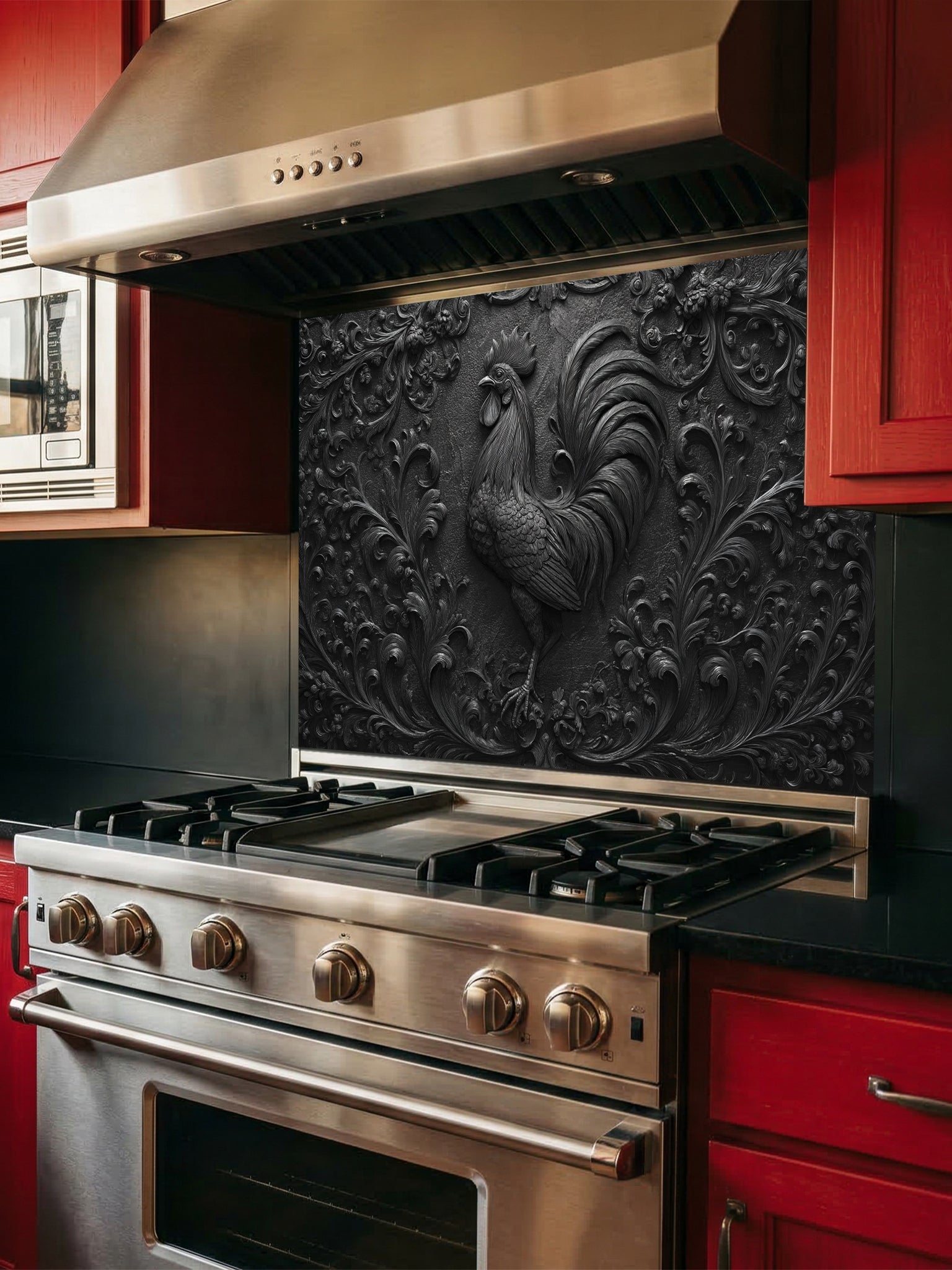 Faux 3D sculpted dark slate and black cast iron relief of a majestic rooster and botanical motifs, UV printed on a smooth tempered glass kitchen backsplash.