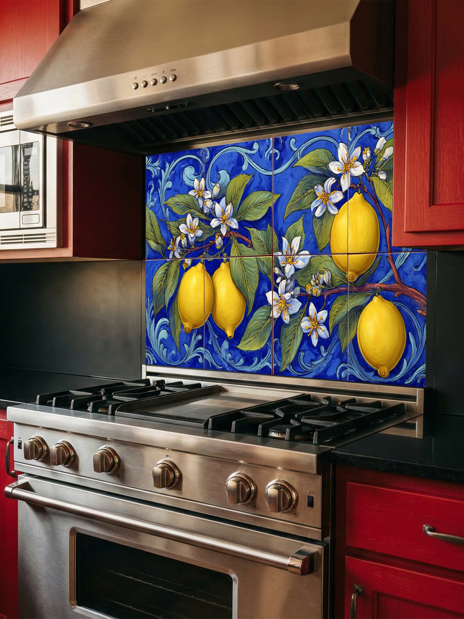 Tempered glass kitchen backsplash featuring a highly realistic illusion of traditional hand-painted Italian Majolica ceramic tiles, showcasing bright yellow lemons, white blossoms, and green leaves against a deep royal blue background with elegant scrollwork, installed behind a modern black stove.