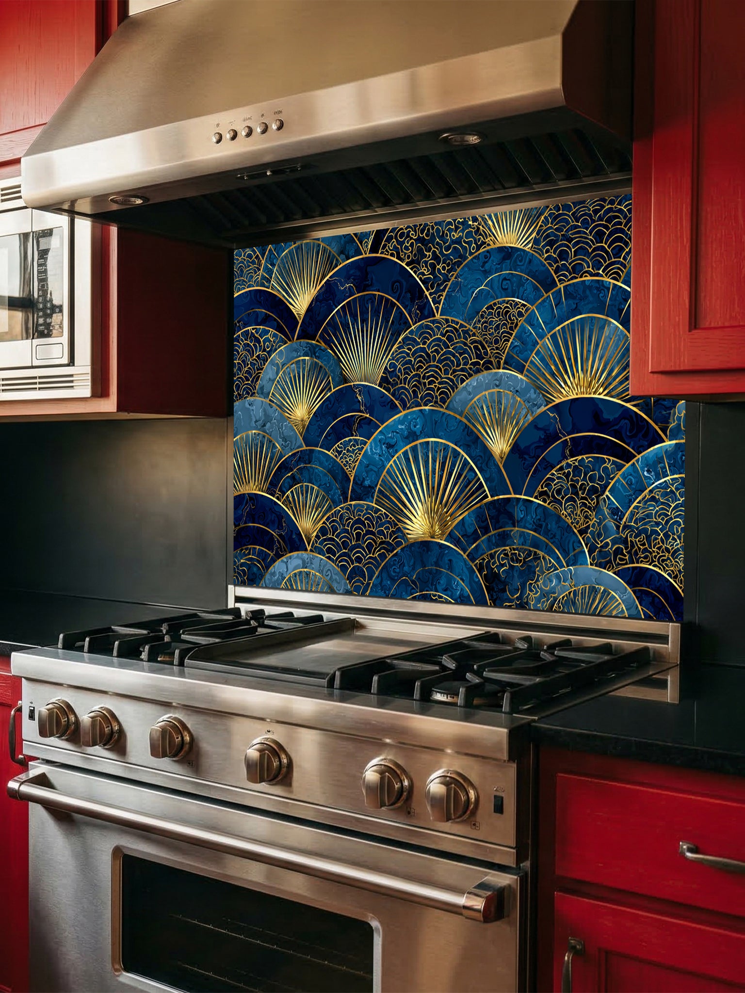 Intricate Japanese Seigaiha wave and Art Deco sunburst fan pattern in deep navy blue and gold, UV printed on a smooth tempered glass kitchen backsplash, installed behind a modern stove.