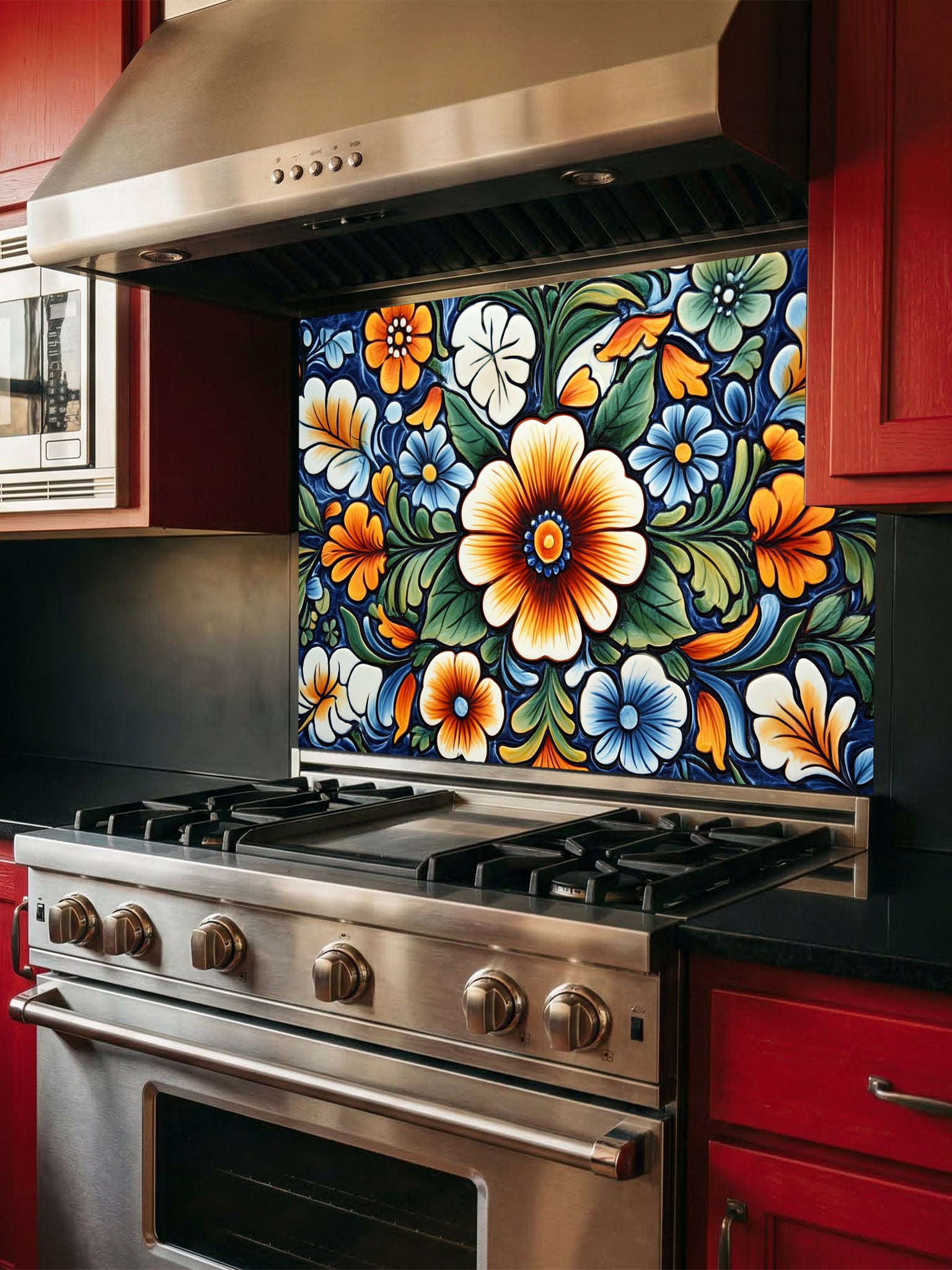 Vibrant Mexican Talavera style floral pattern in blue, orange, and green, UV printed on a smooth tempered glass kitchen backsplash, installed behind a modern stove.