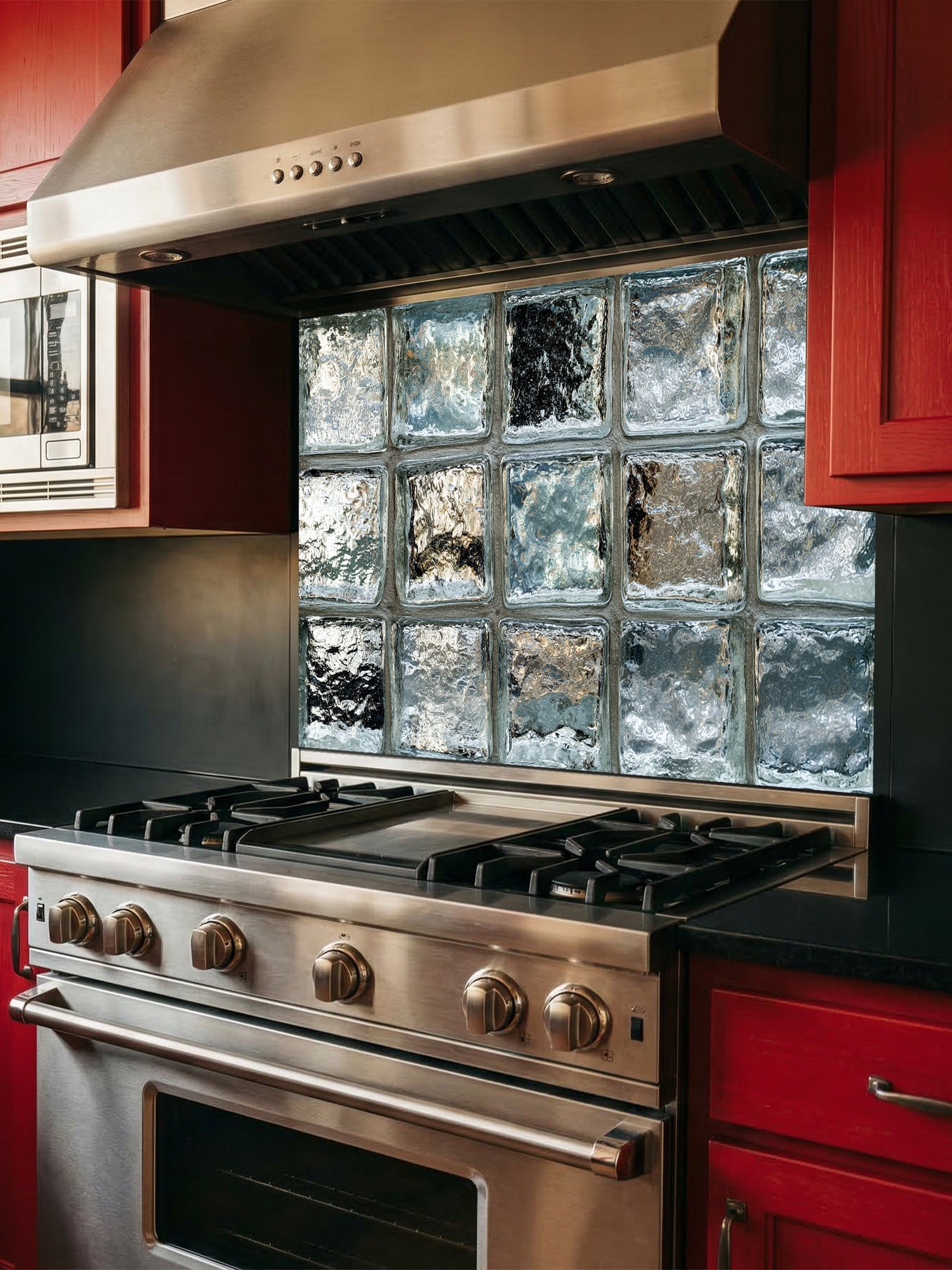 Tempered glass kitchen backsplash featuring a highly realistic 3D illusion of classic architectural clear glass blocks with authentic wavy, ice-like textures and sleek silver-grey reflections, installed behind a modern black stove.