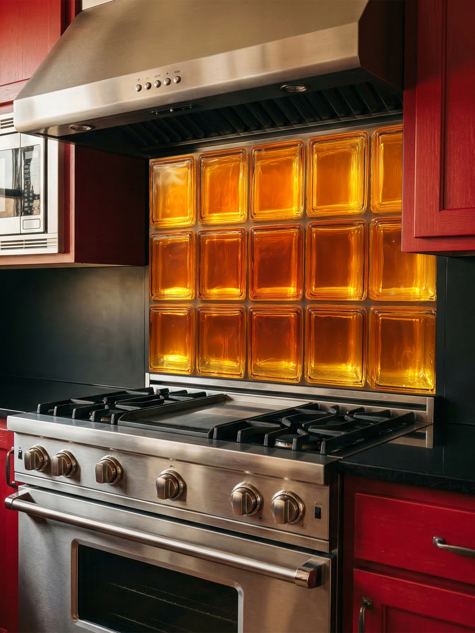 A retro-style kitchen featuring a tempered glass backsplash with a highly realistic faux amber glass block design, giving a warm glowing illusion behind a modern black stove.