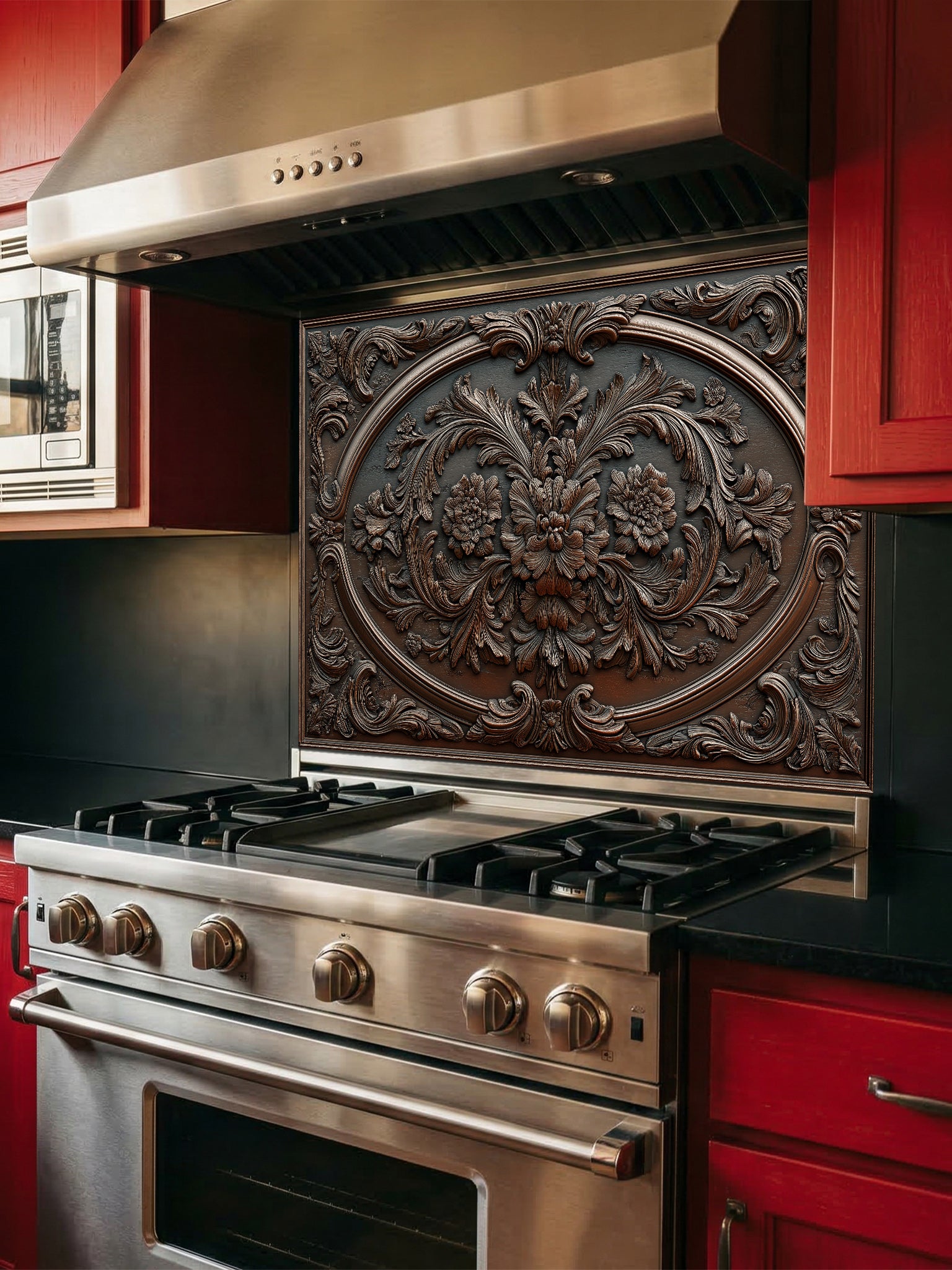 Faux 3D effect dark wood carved floral pattern in an ornate baroque frame, UV printed on a smooth tempered glass kitchen backsplash, installed behind a modern stove.