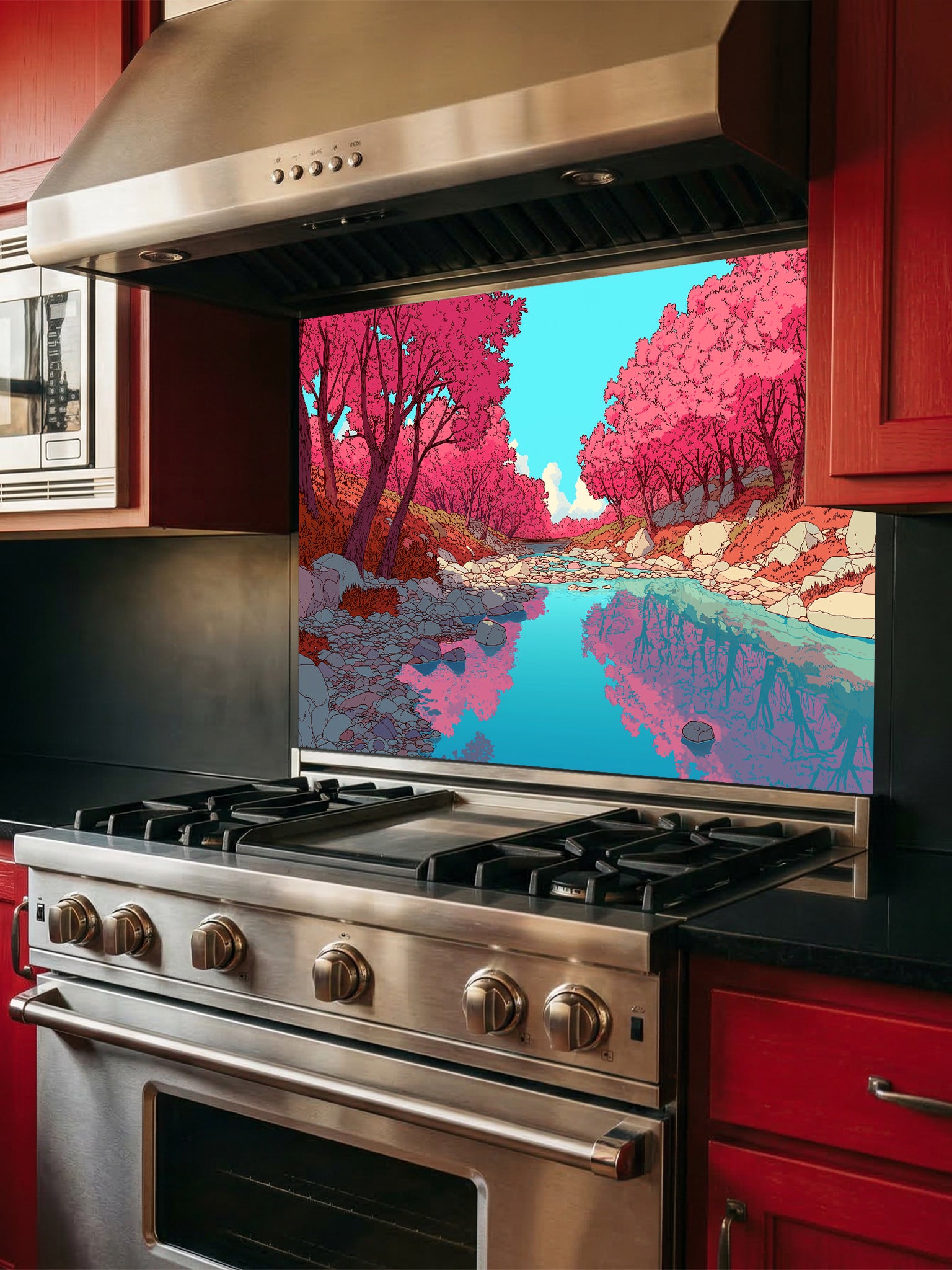 Anime style vibrant pink cherry blossom trees reflecting in a peaceful blue river, UV printed on a smooth tempered glass kitchen backsplash, installed behind a modern stove.