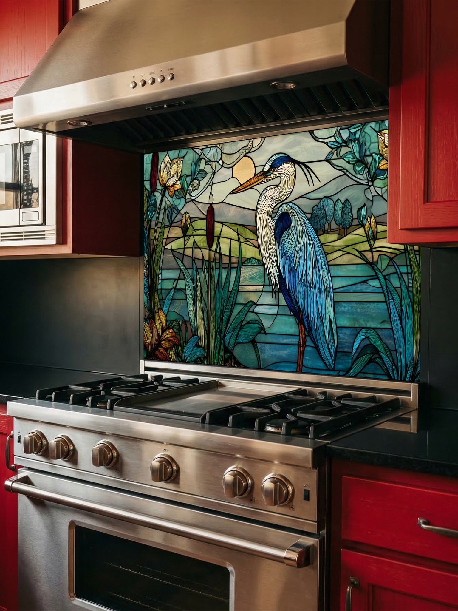 Stainless steel stove with a decorative glass backsplash featuring a heron and nature scene.