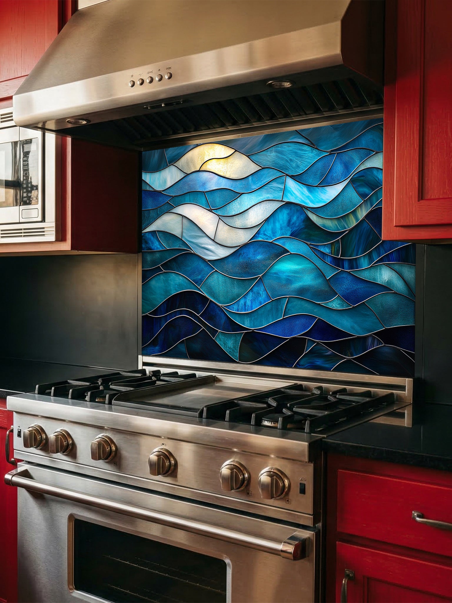 Stained glass style abstract ocean waves in rich blue and turquoise hues, UV printed on a smooth tempered glass kitchen backsplash, installed behind a modern stove.