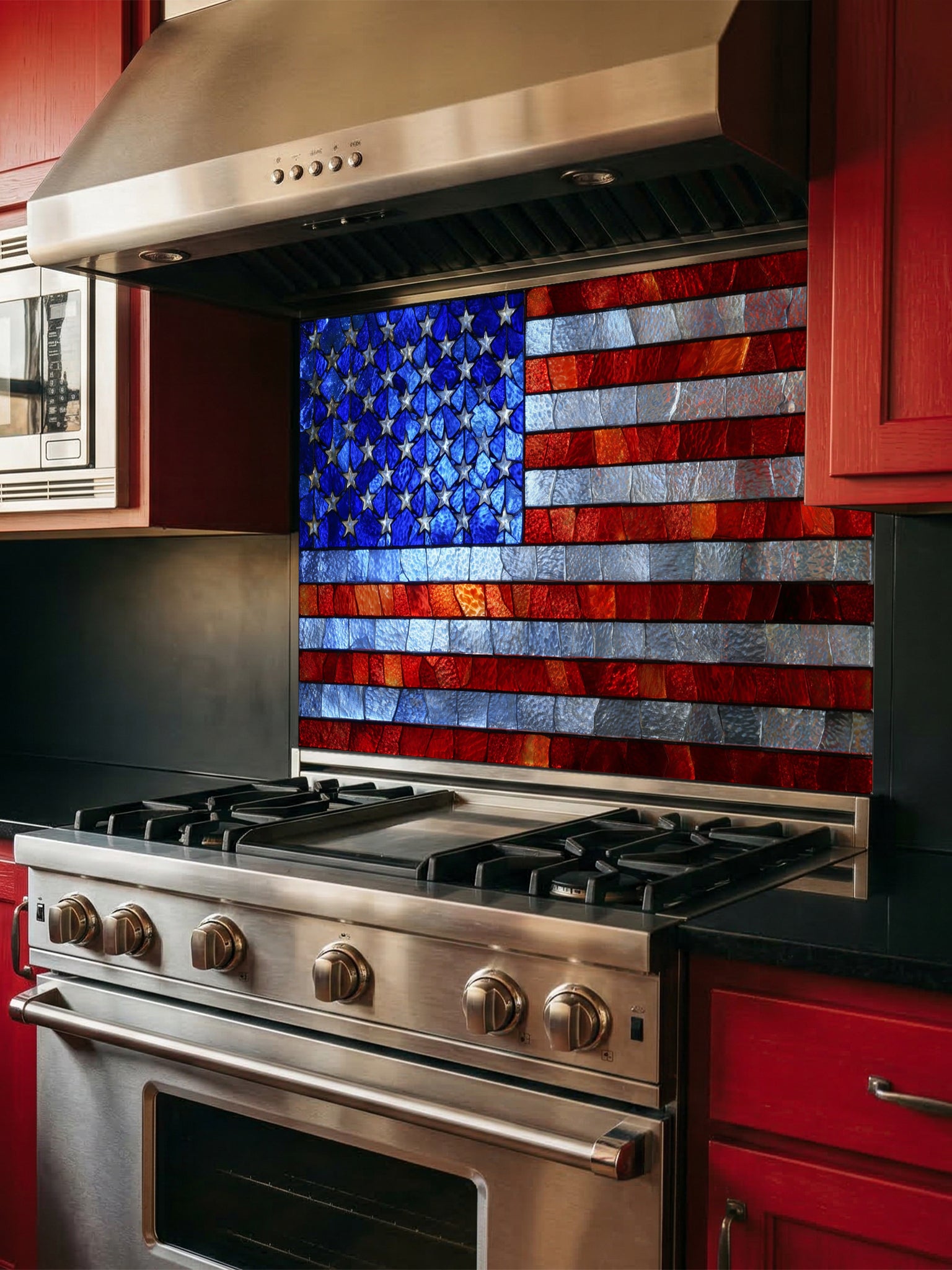Faux stained glass pattern featuring the American flag with vibrant red, white, and blue textured pieces, UV printed on a smooth tempered glass kitchen backsplash.