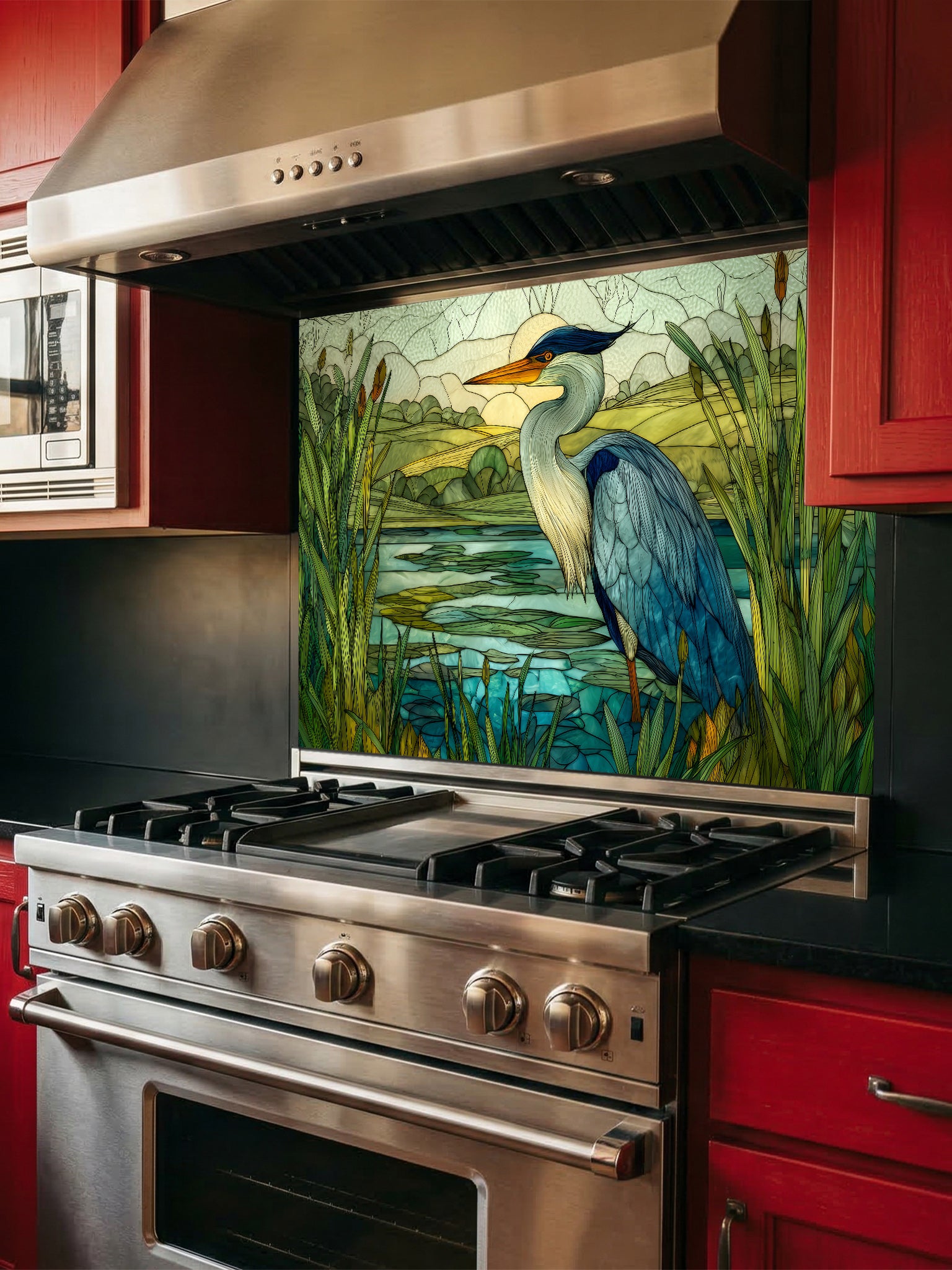 Tempered glass kitchen backsplash featuring a highly realistic 3D illusion of stained glass art showing a majestic blue heron standing in a serene wetland marsh with green cattails and a tranquil lake, installed behind a modern stainless steel stove.
