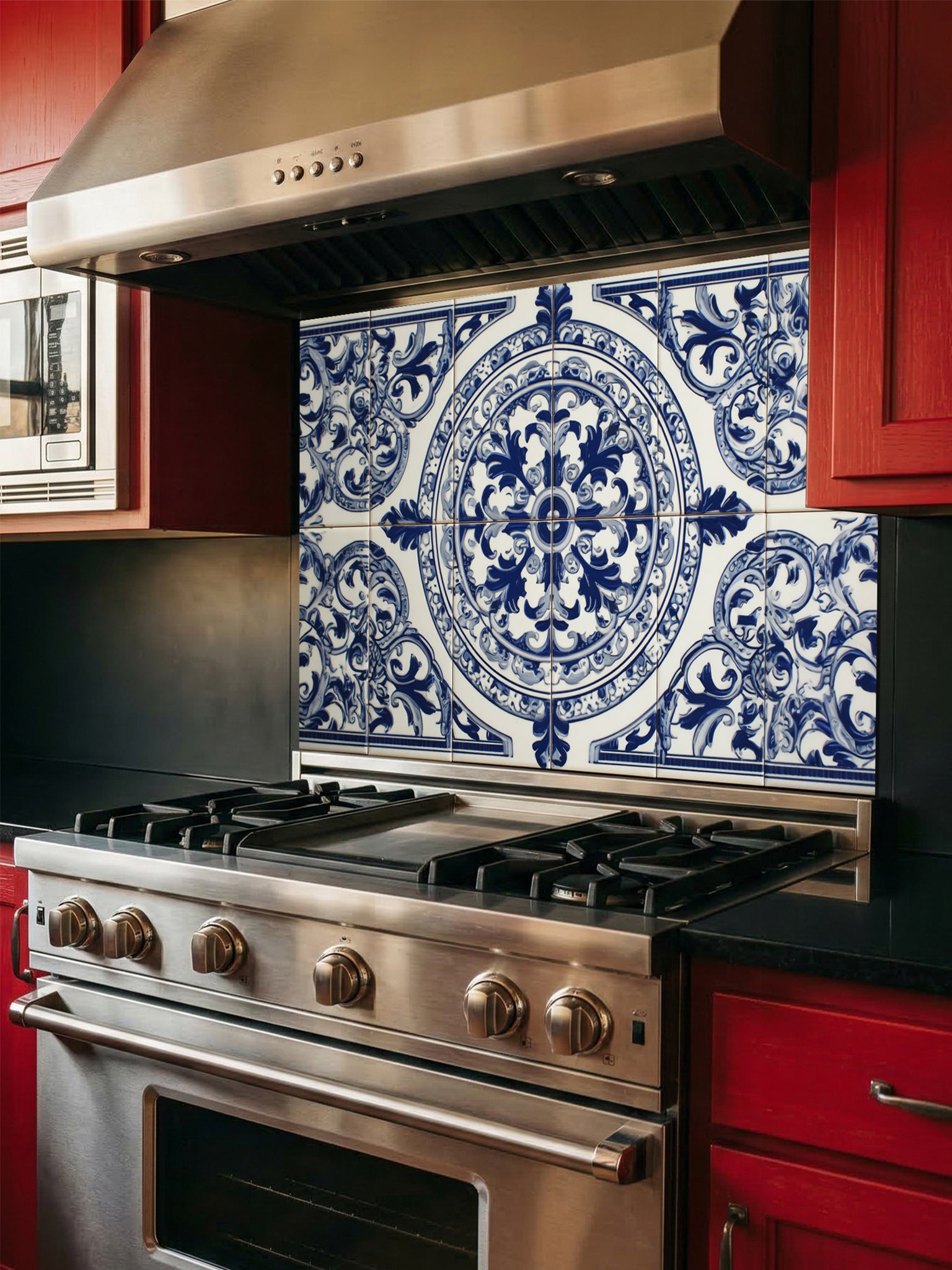 Tempered glass kitchen backsplash featuring a traditional Mediterranean blue and white Azulejo faux tile design with an ornate central floral mandala pattern, installed behind a modern stainless steel stove.