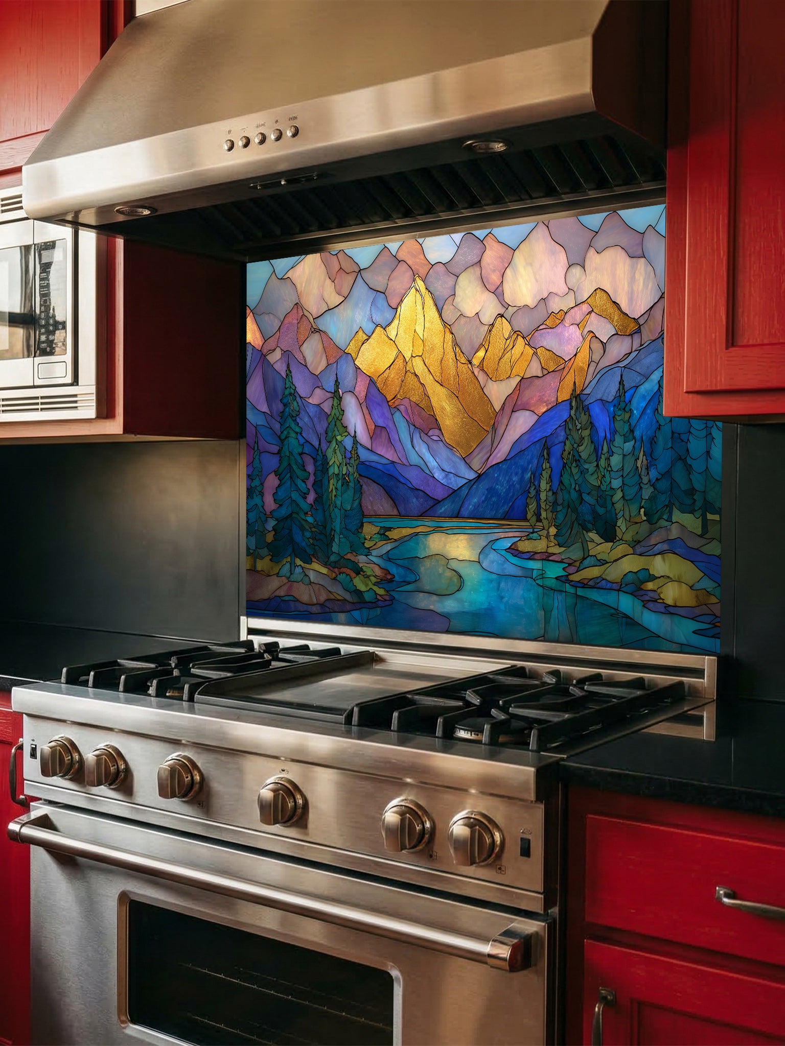 A cozy kitchen featuring a tempered glass backsplash with a beautiful stained glass effect landscape, showcasing majestic mountains, pine trees, and a winding river at sunset, installed behind a modern stainless steel stove.