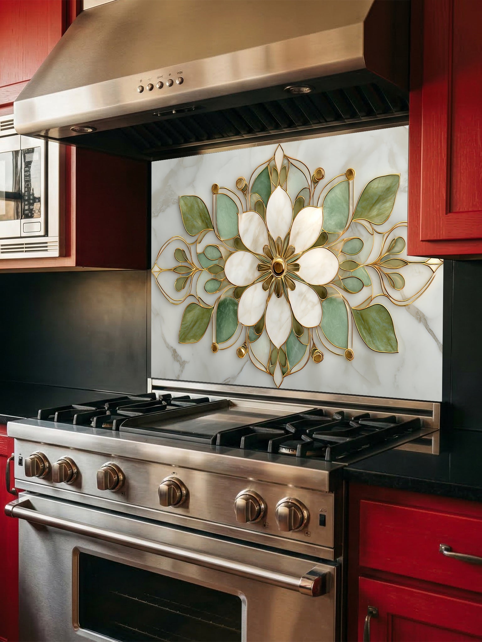 Faux white marble kitchen backsplash featuring an elegant sage green, cream, and gold stained glass lotus mandala pattern, UV printed on smooth tempered glass.