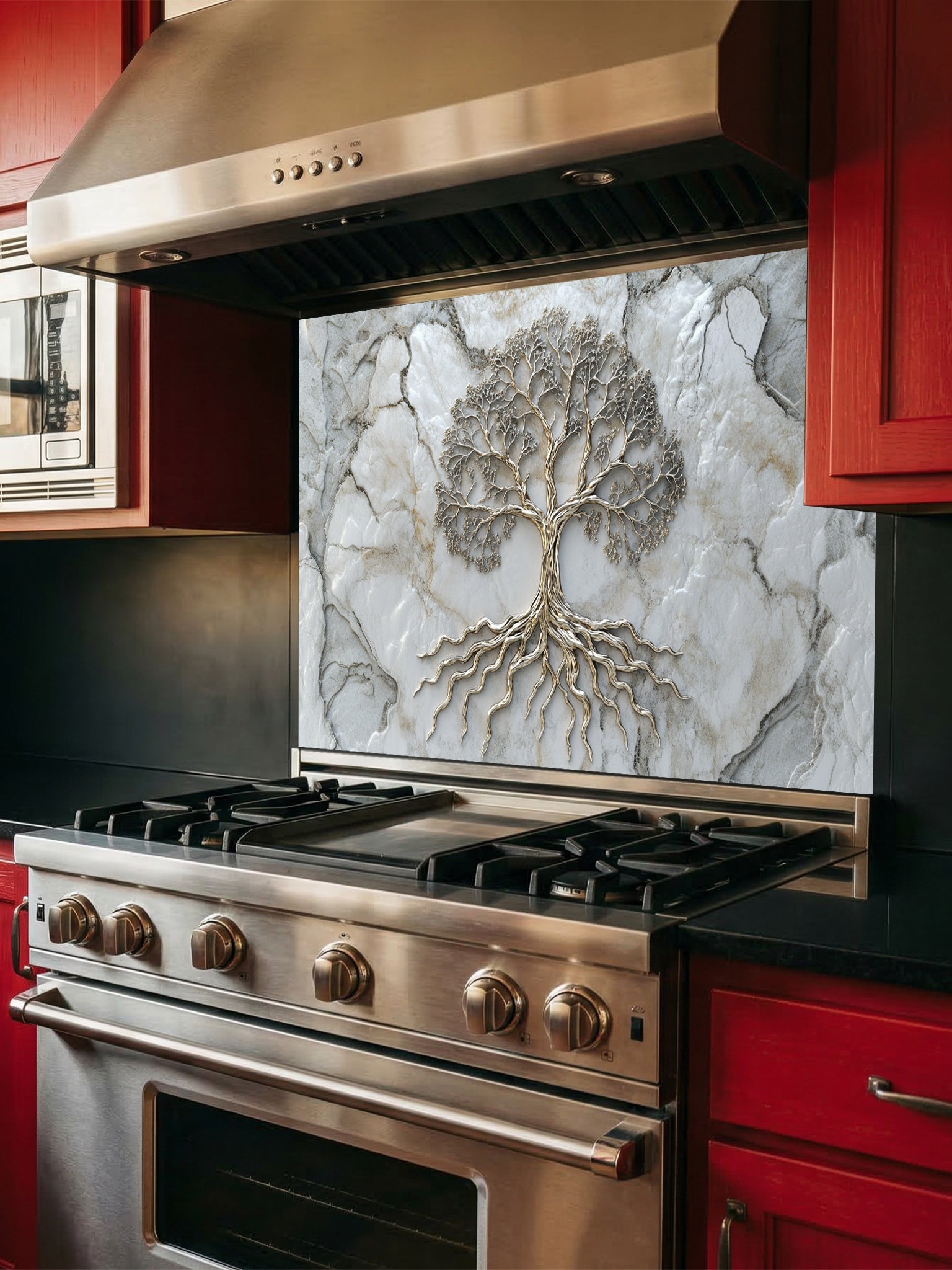 Faux 3D effect metallic Tree of Life on a light marble texture background, UV printed on a smooth tempered glass kitchen backsplash, installed behind a modern stove.