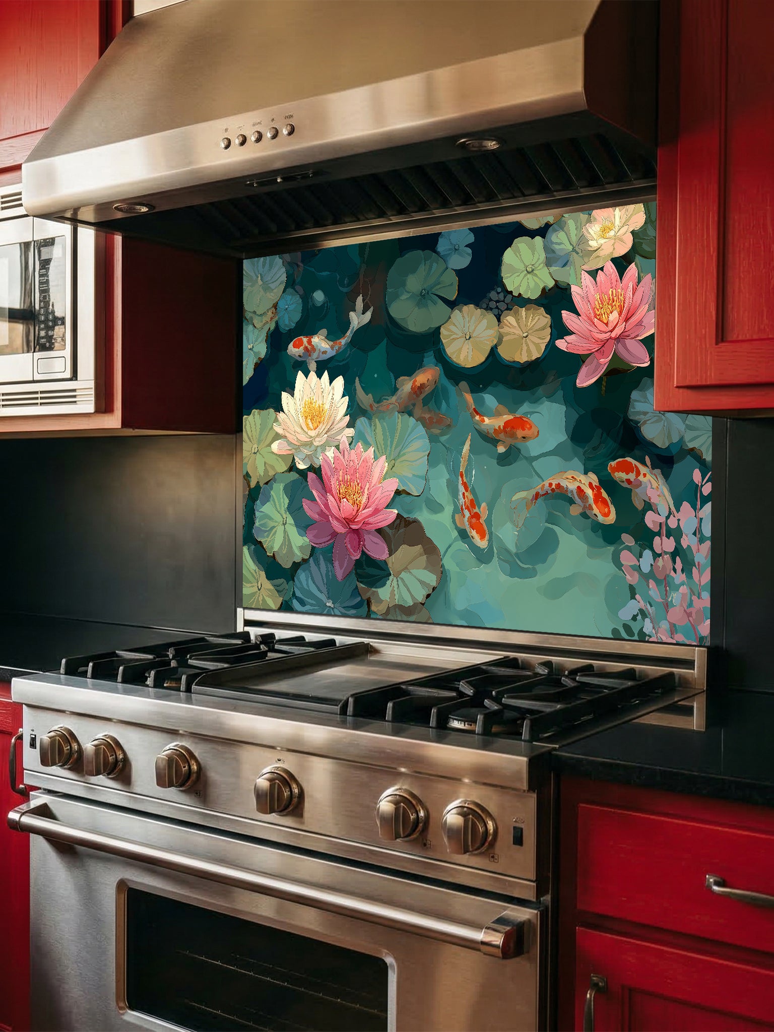 Serene illustration of orange koi fish swimming among pink lotus flowers and green lily pads, UV printed on a smooth tempered glass kitchen backsplash, installed behind a modern stove.