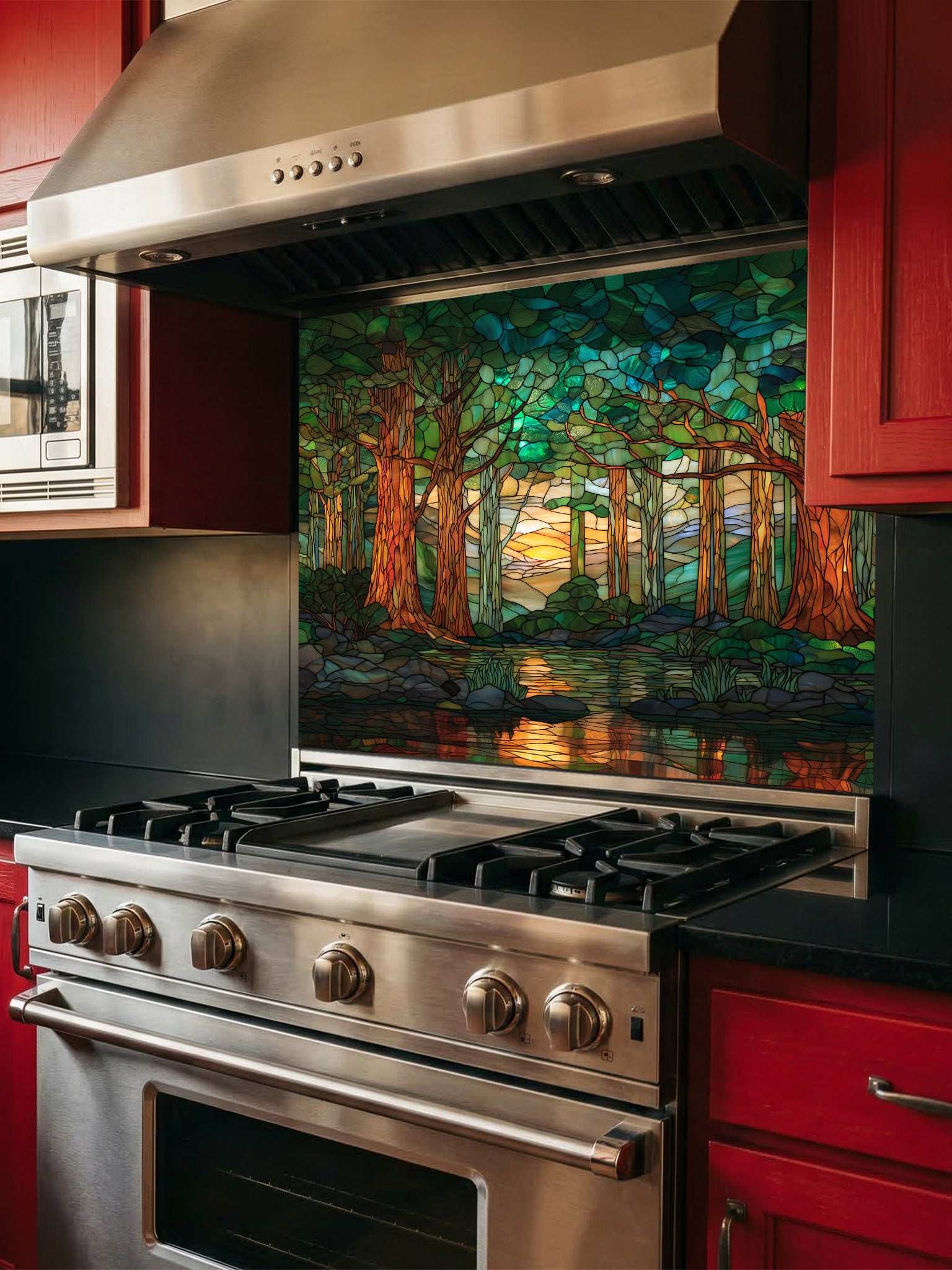 A modern kitchen featuring a tempered glass backsplash with a beautiful stained glass effect landscape, showcasing a lush green forest, tall trees, and a tranquil river at sunset, installed behind a modern black stove.