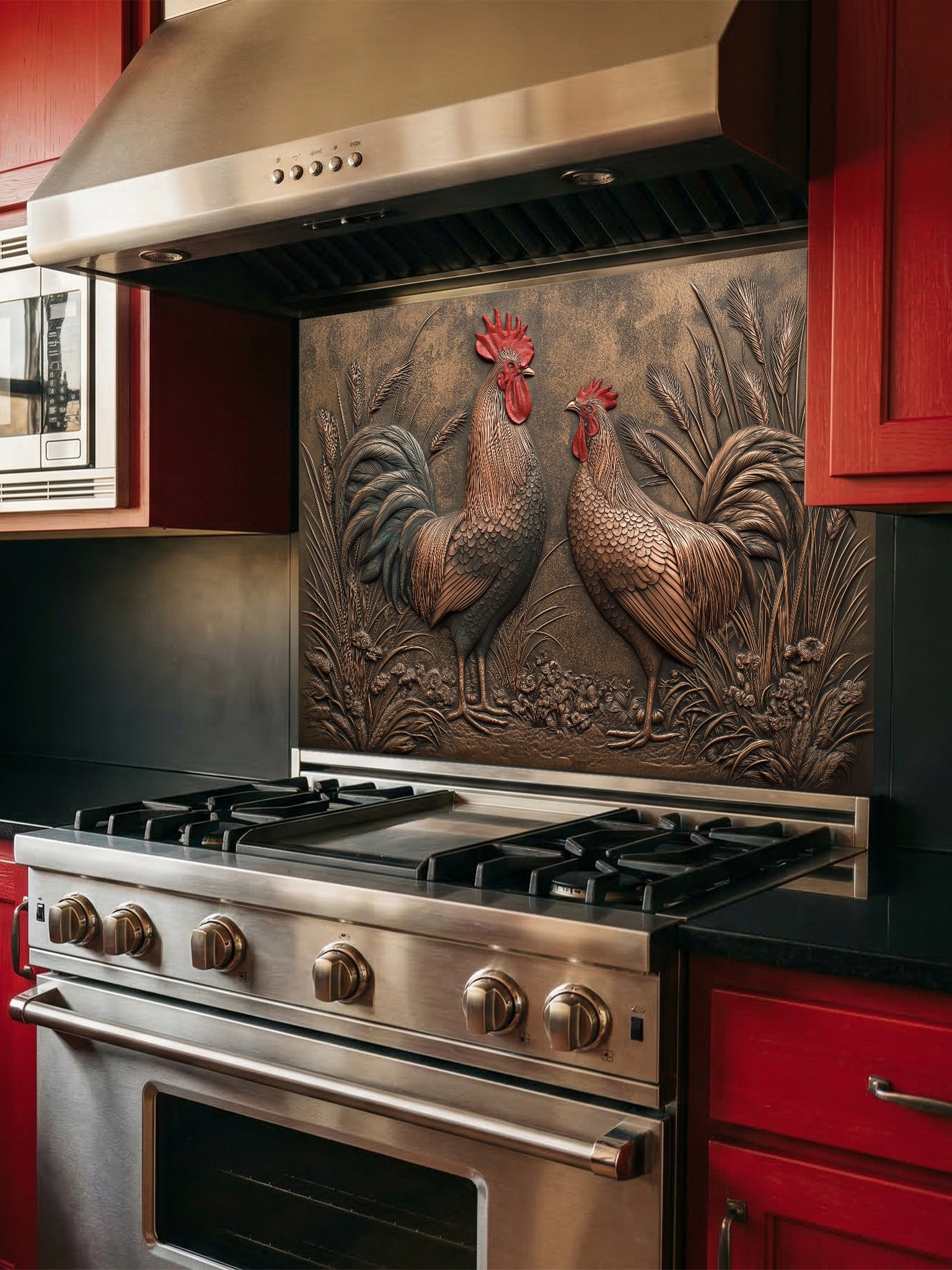 Faux 3D effect weathered bronze and copper relief of two roosters among wheat, UV printed on a smooth tempered glass kitchen backsplash, installed behind a modern stove.