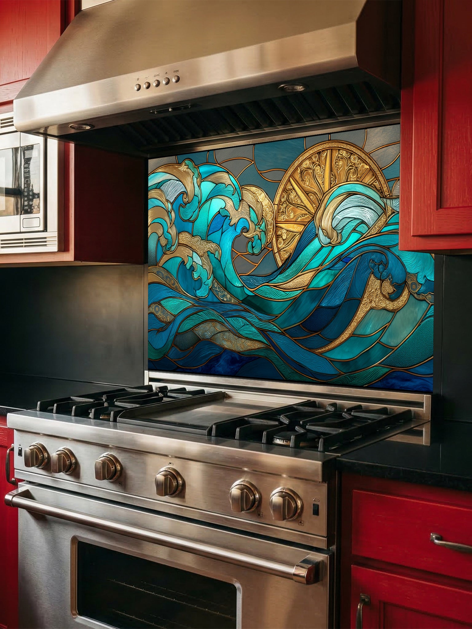 Art Deco stained glass style teal ocean waves and a golden sun UV printed on tempered glass kitchen backsplash, installed behind a modern stove.