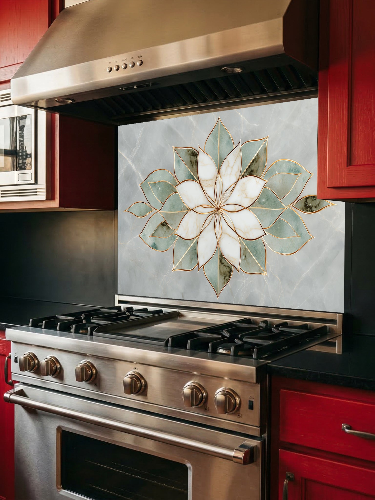 Faux light green jade marble kitchen backsplash featuring a sharp, geometric white and sage green stone lotus with gold inlay, UV printed on smooth tempered glass.