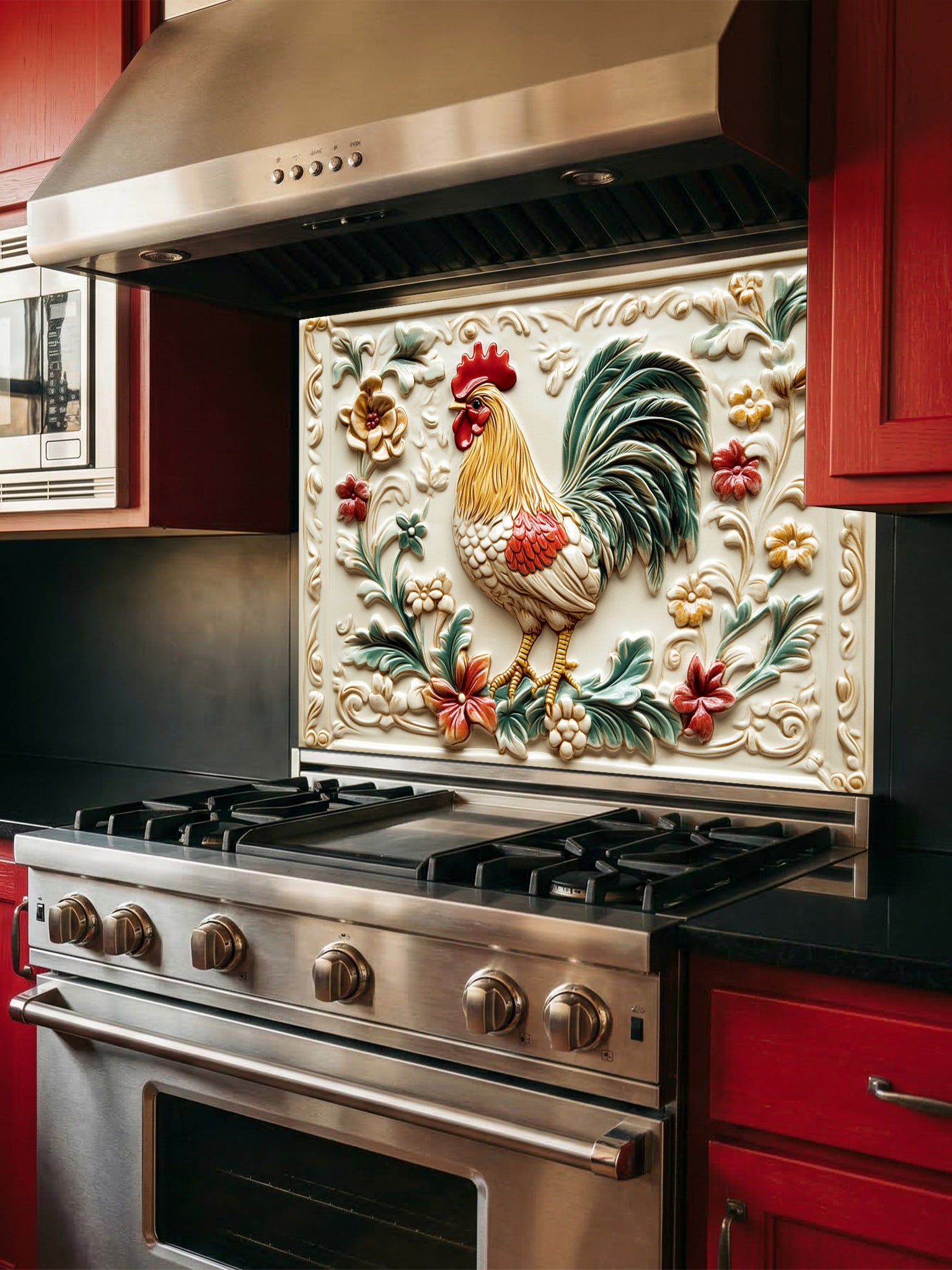 Tempered glass kitchen backsplash featuring a highly realistic 3D illusion of a vintage embossed ceramic tile showing a proud rooster and rustic floral vines in red, green, and gold against a cream background, installed behind a modern stainless steel stove.