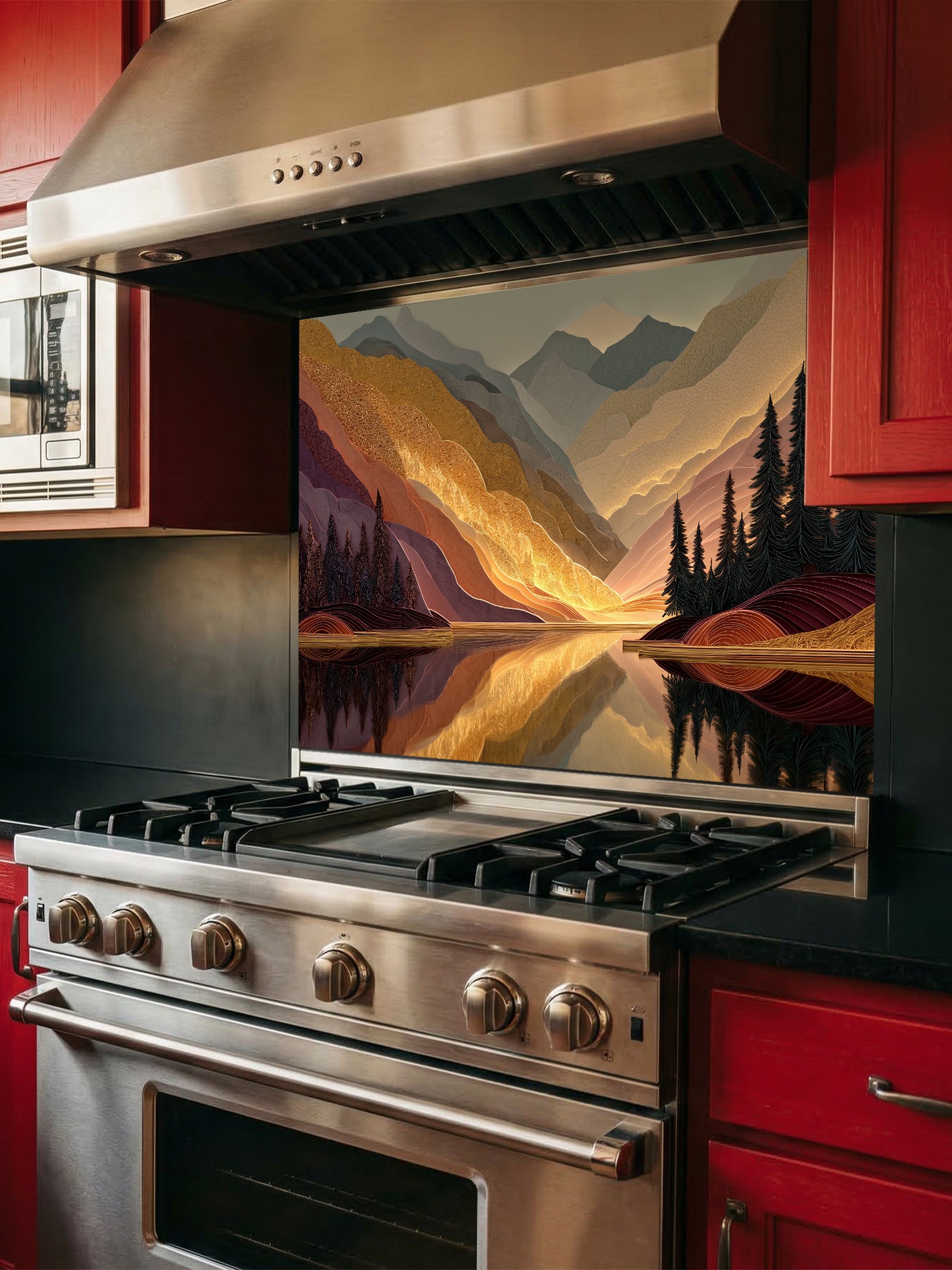 Tempered glass kitchen backsplash featuring a highly realistic 3D illusion of a textured mountain landscape at sunset, showcasing glowing golden peaks, dark pine trees, and a calm lake reflection in rich burgundy and amber tones, installed behind a modern black stove.