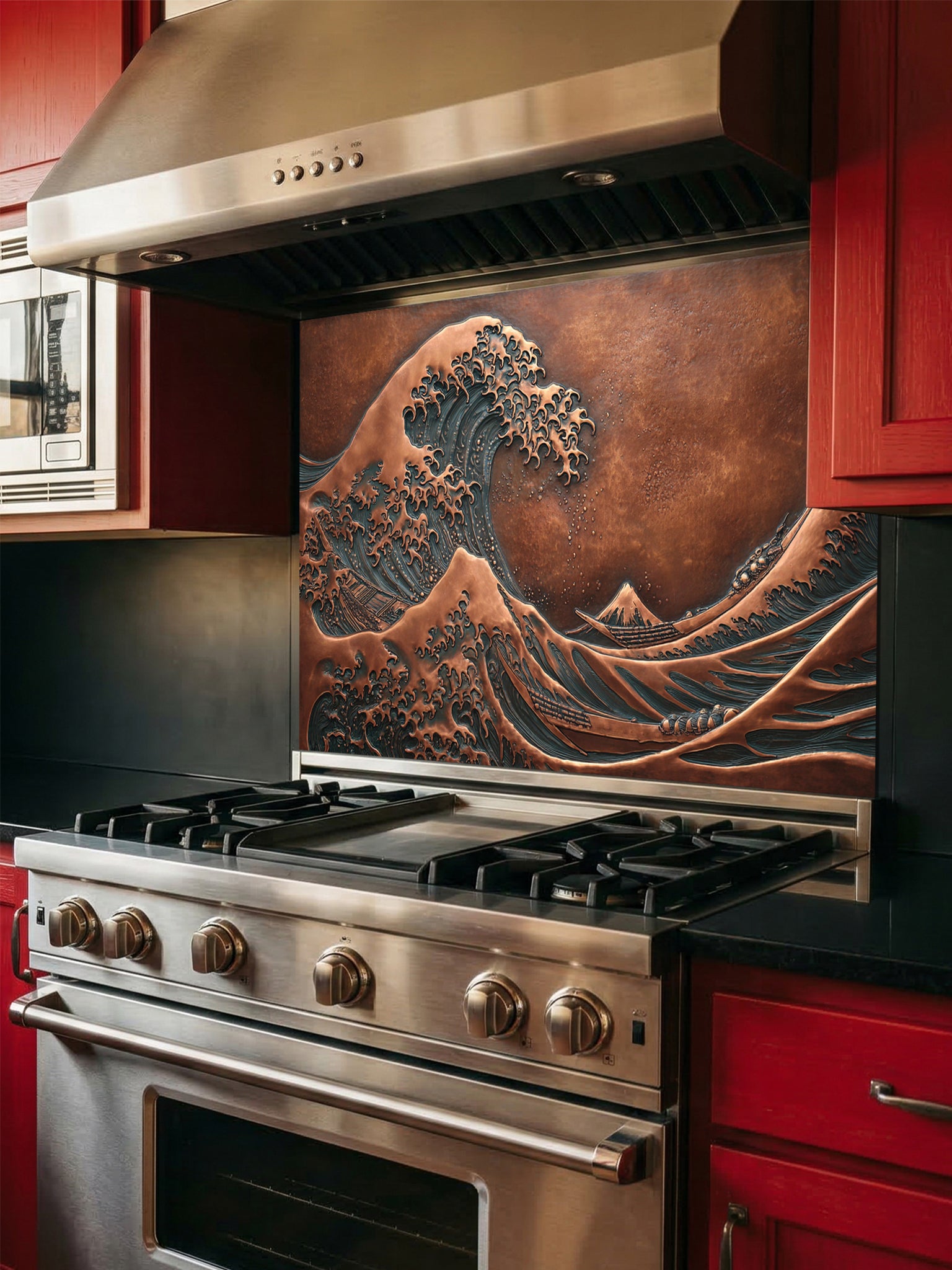 Tempered glass kitchen backsplash featuring a highly realistic 3D faux copper metal relief design of the iconic Great Wave off Kanagawa and Mount Fuji, installed behind a modern stainless steel stove.