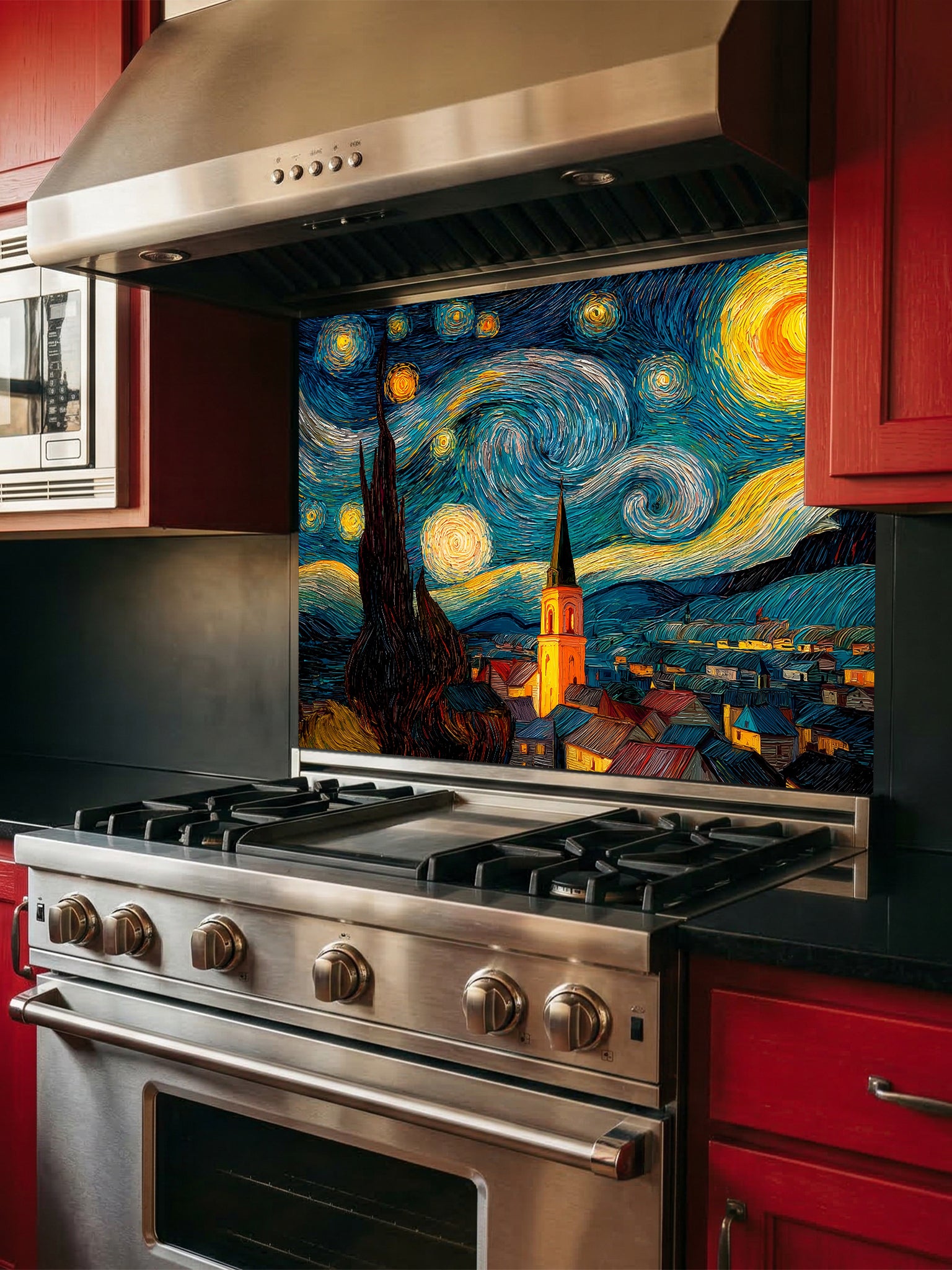 Tempered glass kitchen backsplash featuring a highly realistic 3D illusion of a thick impasto oil painting inspired by The Starry Night, showing a swirling blue night sky, glowing yellow stars, and a dark silhouette of a cypress tree over a village, installed behind a modern black stove.