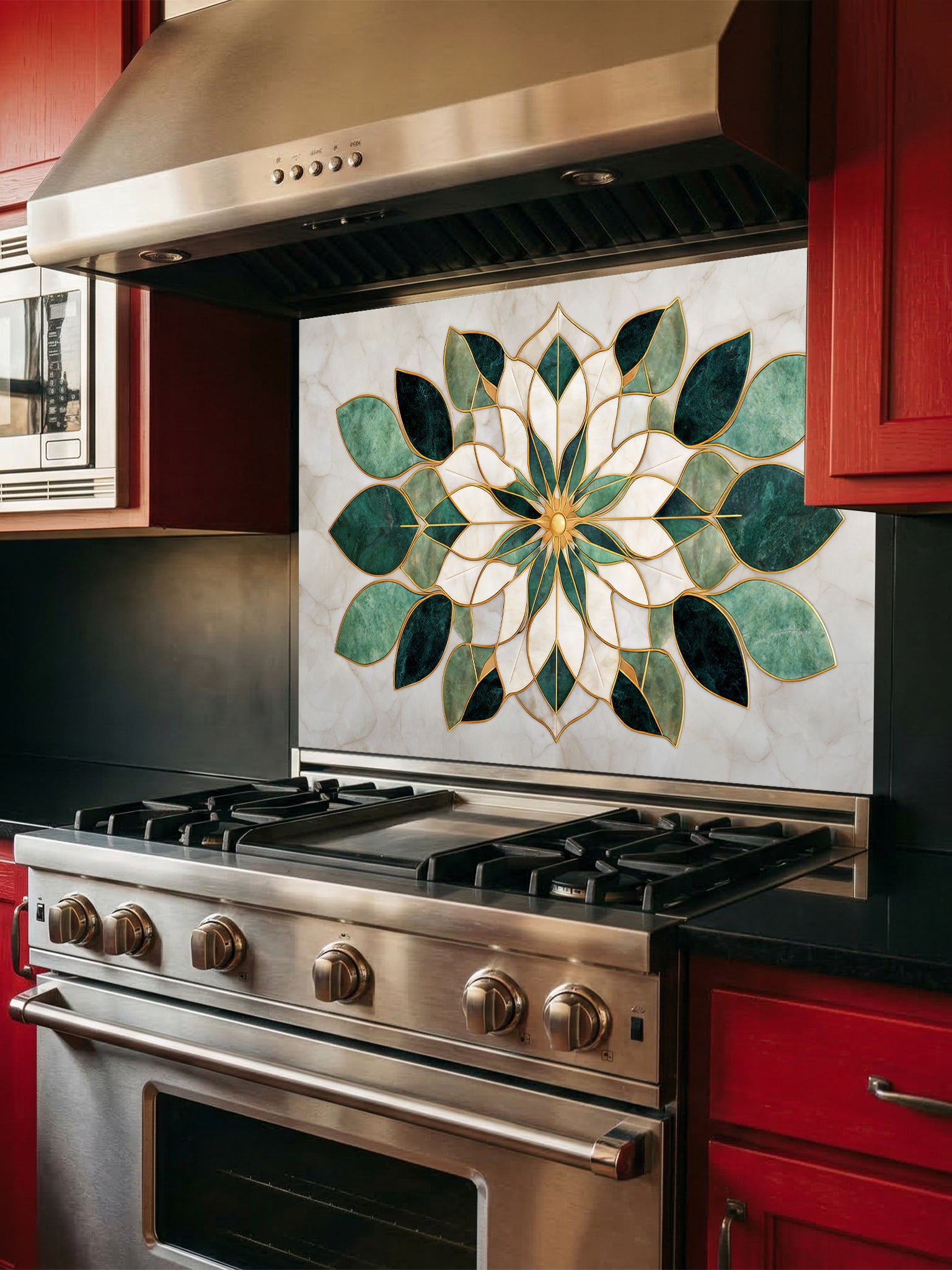 Tempered glass kitchen backsplash featuring a highly realistic 3D illusion of luxurious marble inlay art, showcasing a symmetrical geometric floral mandala or lotus pattern in emerald green and creamy white marble textures with faux gold metallic outlines, installed behind a modern black stove.