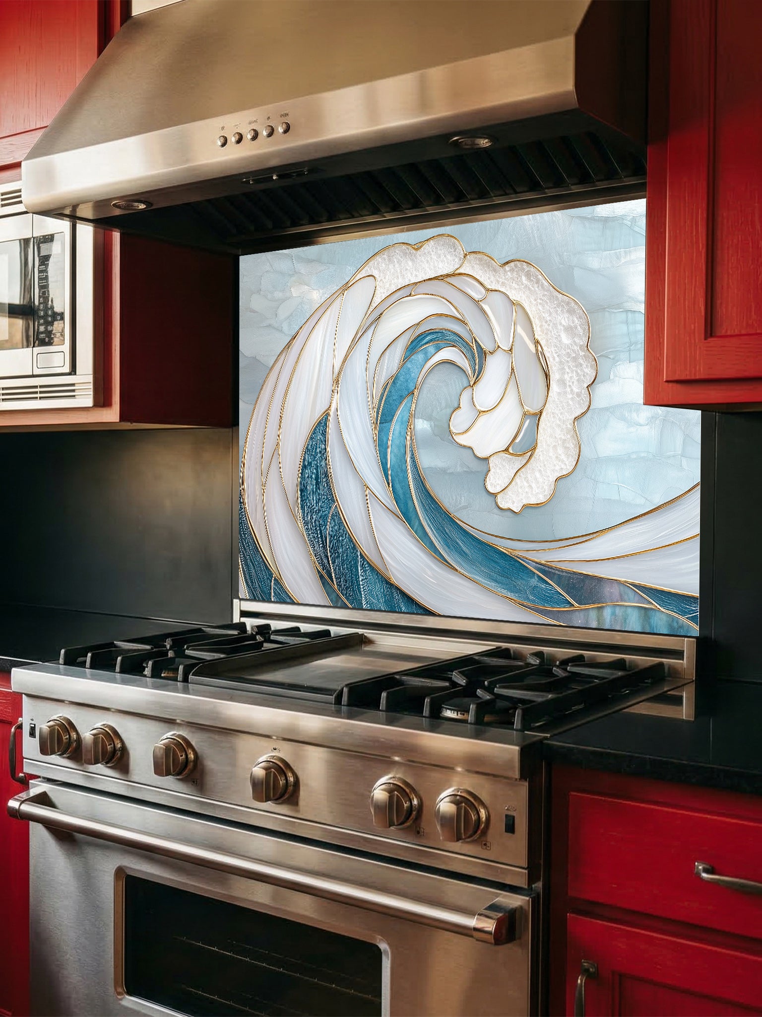 Stainless steel oven with decorative wave design backsplash in a kitchen setting