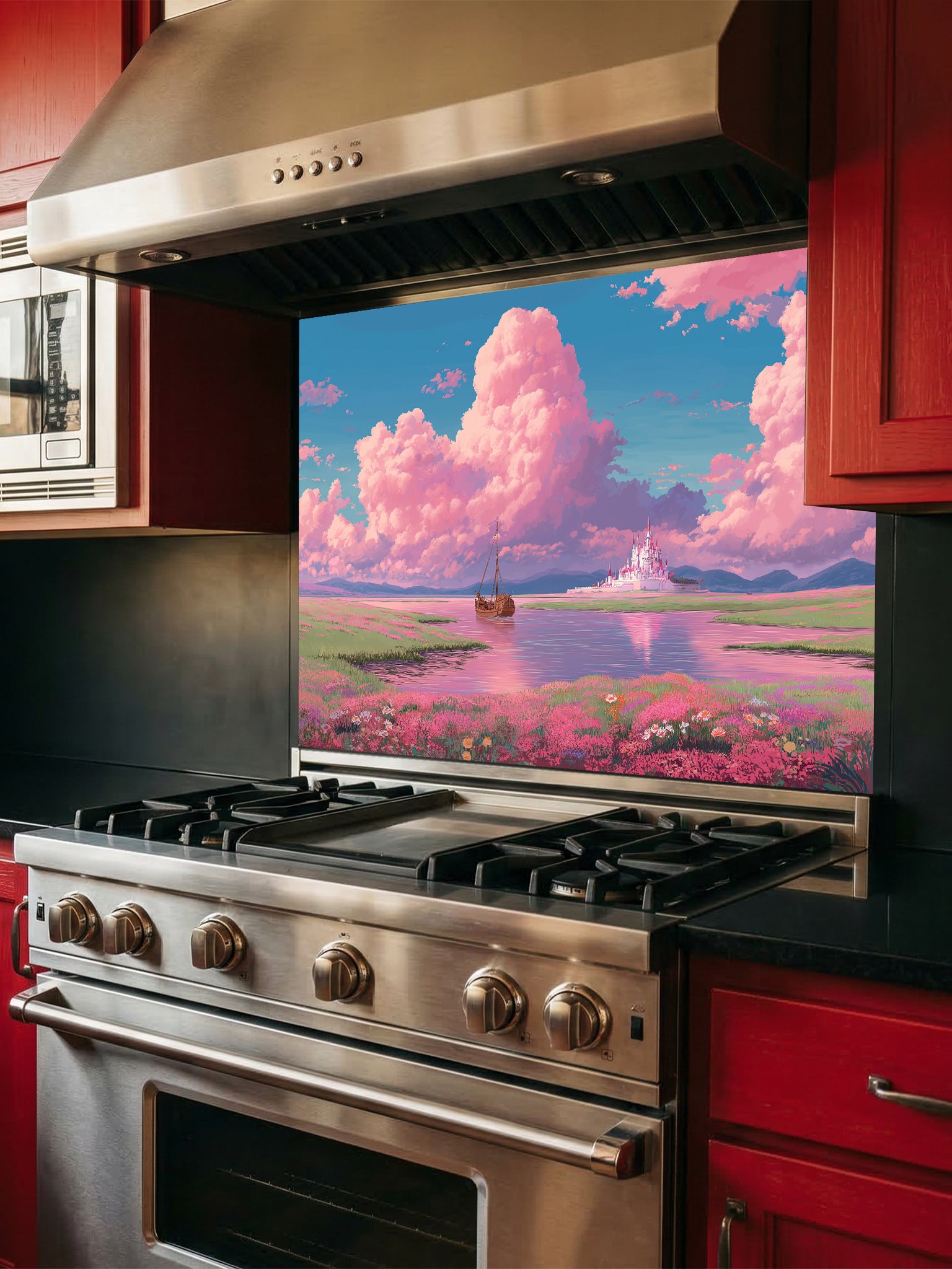 Anime style fantasy landscape with fluffy pastel pink clouds, a sailboat on a calm river, and a distant magical white castle, UV printed on a smooth tempered glass kitchen backsplash.