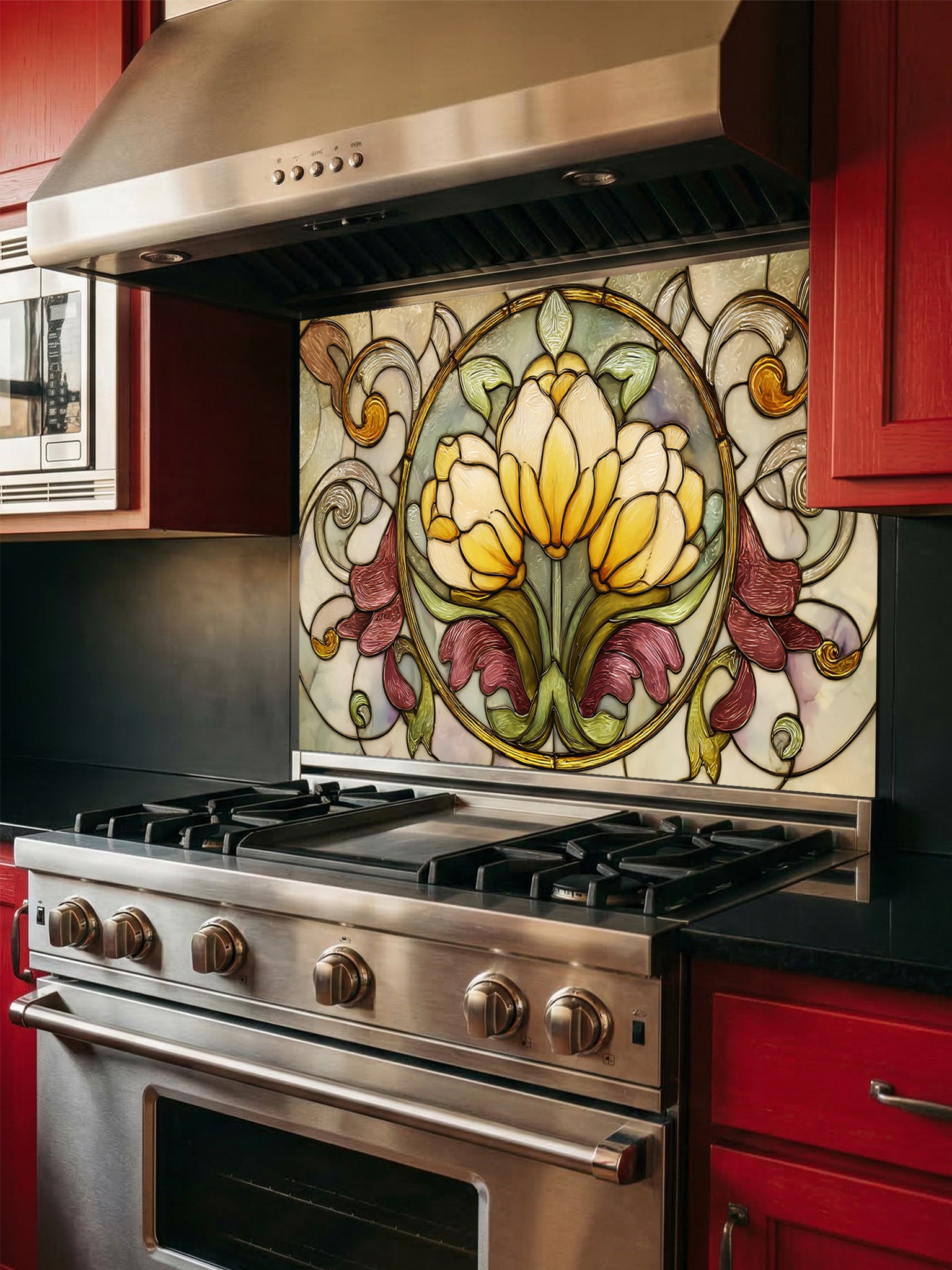 Tempered glass kitchen backsplash featuring a highly realistic faux stained glass design with a central medallion of yellow tulips surrounded by ornate Art Nouveau vines in green and burgundy, installed behind a modern stainless steel stove.