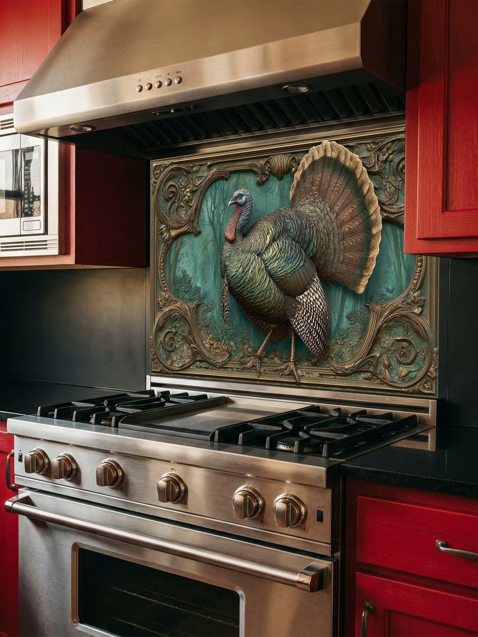 Faux 3D sculpted bronze and brass relief of a majestic turkey framed by baroque scrollwork, UV printed on a smooth tempered glass kitchen backsplash.