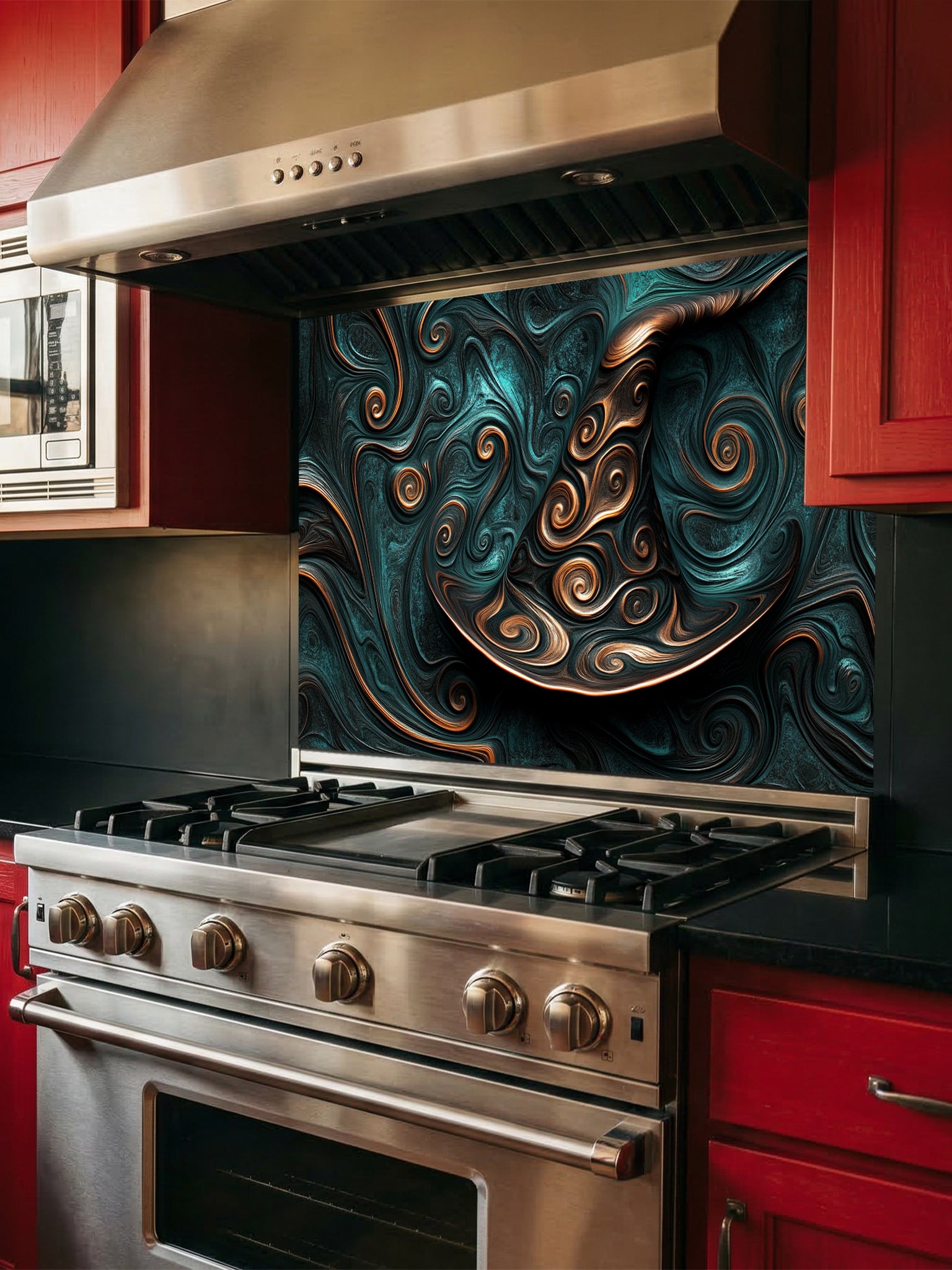 Tempered glass kitchen backsplash featuring a highly realistic 3D illusion of an abstract witch hat formed by smooth, mesmerizing fluid art and fractal swirls in deep teal and metallic copper, installed behind a modern black stove.