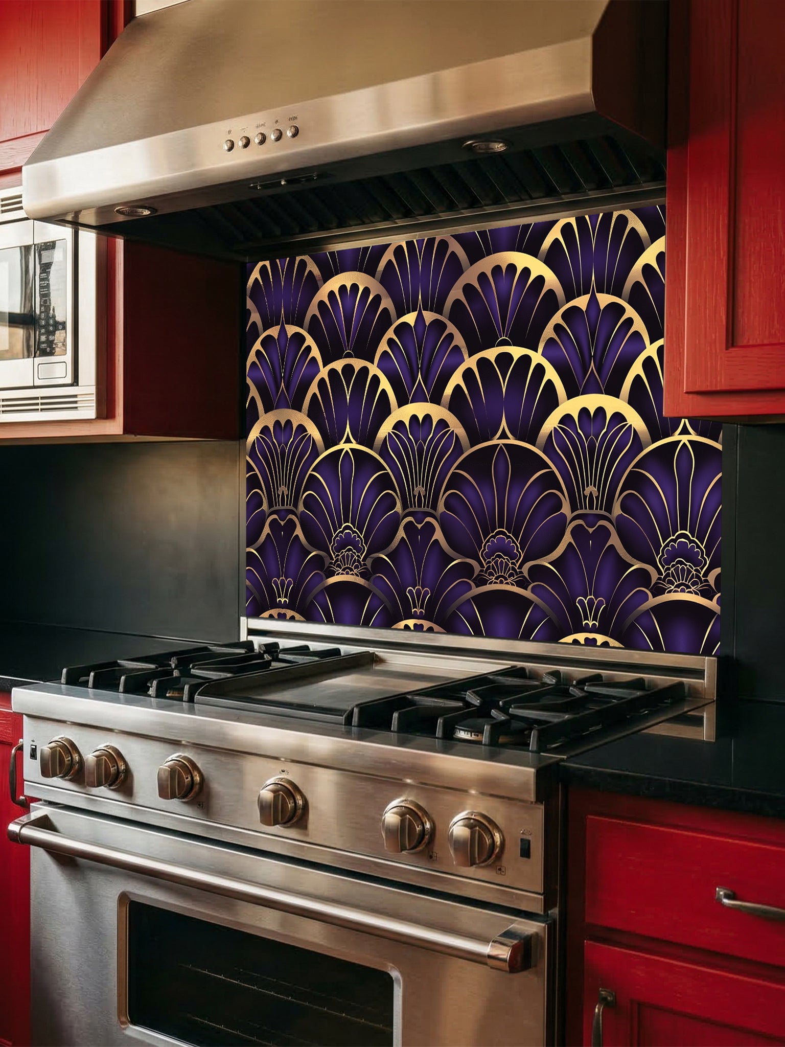 Tempered glass kitchen backsplash featuring a highly realistic 3D illusion of an Art Deco geometric scalloped fan pattern in luxurious royal purple and faux gold metallic outlines, installed behind a modern black stove.