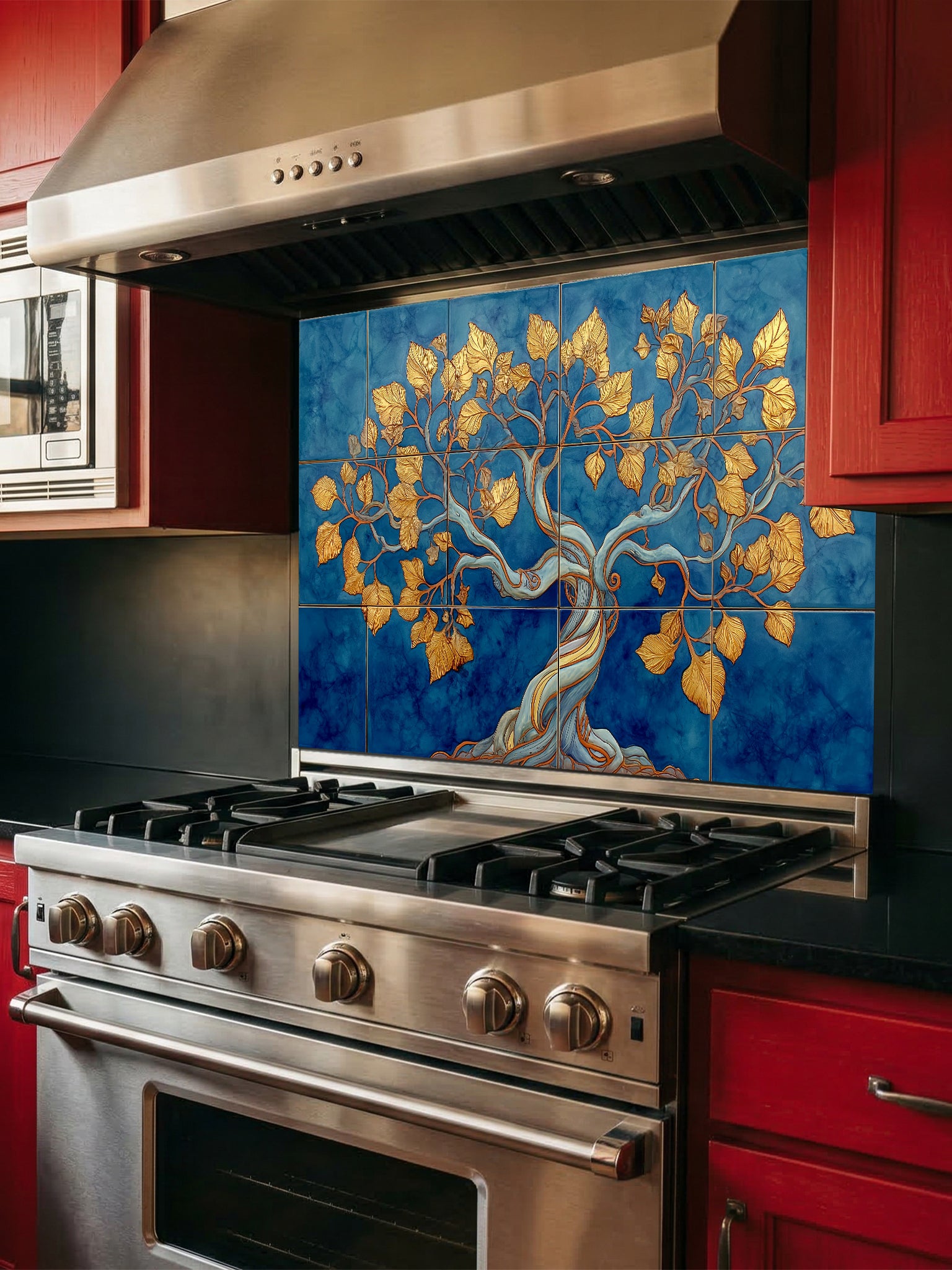 Faux blue tile background featuring an elegant golden Tree of Life with intricate leaves, UV printed on a smooth tempered glass kitchen backsplash, installed behind a modern stove.