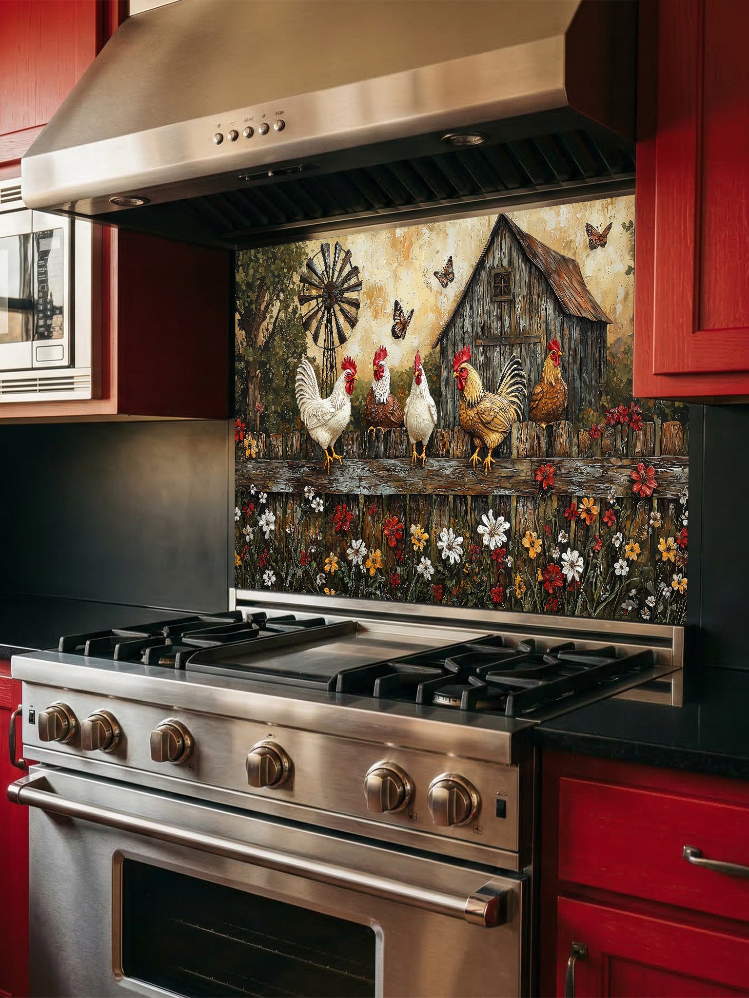 Tempered glass kitchen backsplash featuring a rustic painting of roosters and chickens perched on a wooden fence above colorful wildflowers, with a vintage barn and windmill in the background, installed behind a modern stainless steel stove.