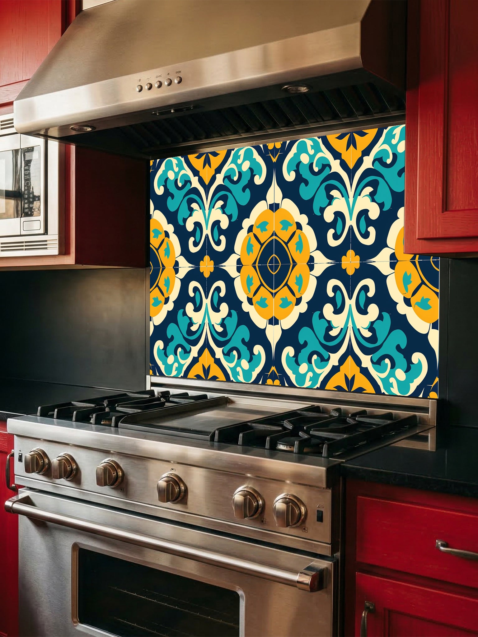 Tempered glass kitchen backsplash featuring a highly realistic illusion of traditional Moroccan or Spanish tiles, showcasing an intricate geometric floral pattern in deep navy blue, vibrant teal, and mustard yellow, installed behind a modern black stove.