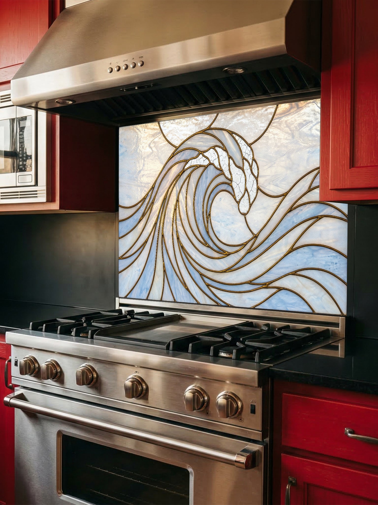 Stainless steel oven with decorative glass panel in a kitchen setting