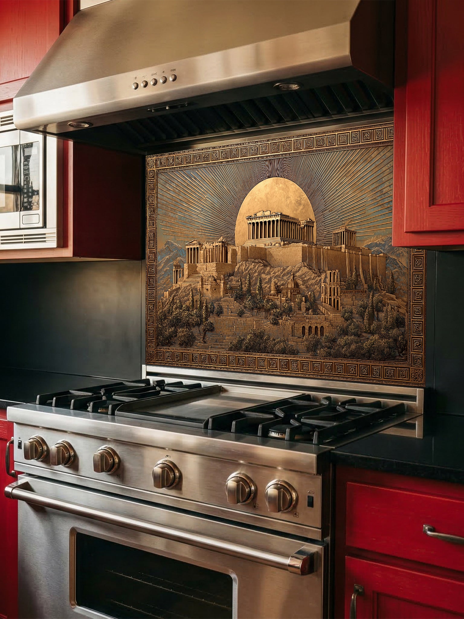 Faux 3D sculpted gold and bronze relief of the Ancient Greek Acropolis and Parthenon under a glowing moon, framed by a Greek key border, UV printed on a smooth tempered glass kitchen backsplash.