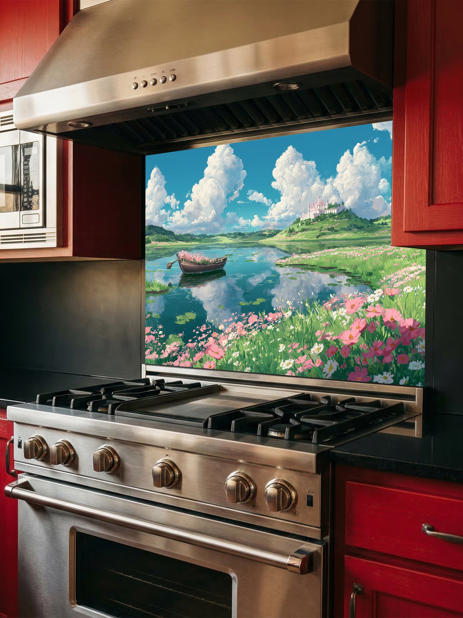 Anime style vibrant summer landscape with fluffy white clouds, a blue lake, a flower-filled boat, and pink cosmos flowers, UV printed on a smooth tempered glass kitchen backsplash.