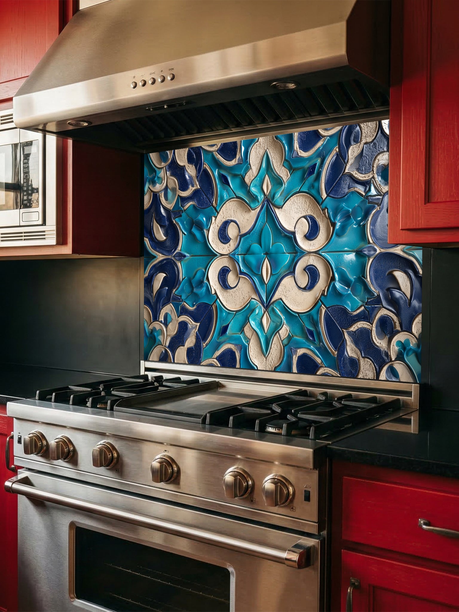 Stainless steel stove with decorative blue and white tile backsplash in a kitchen setting.
