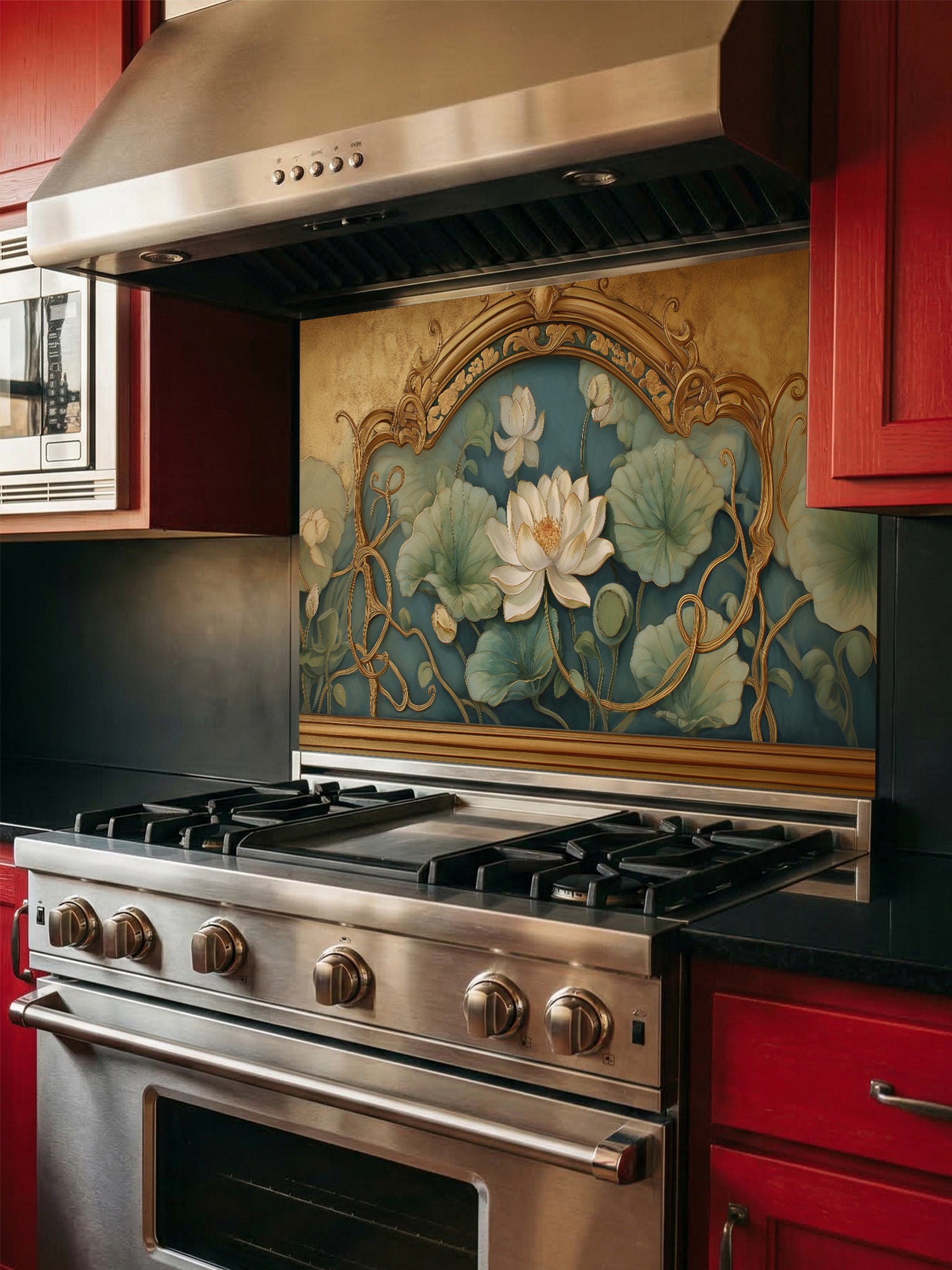 Tempered glass kitchen backsplash featuring a realistic 3D-effect ornate vintage gold frame enclosing a classic painting of white lotus flowers and lily pads on a teal background, installed behind a modern stainless steel stove.