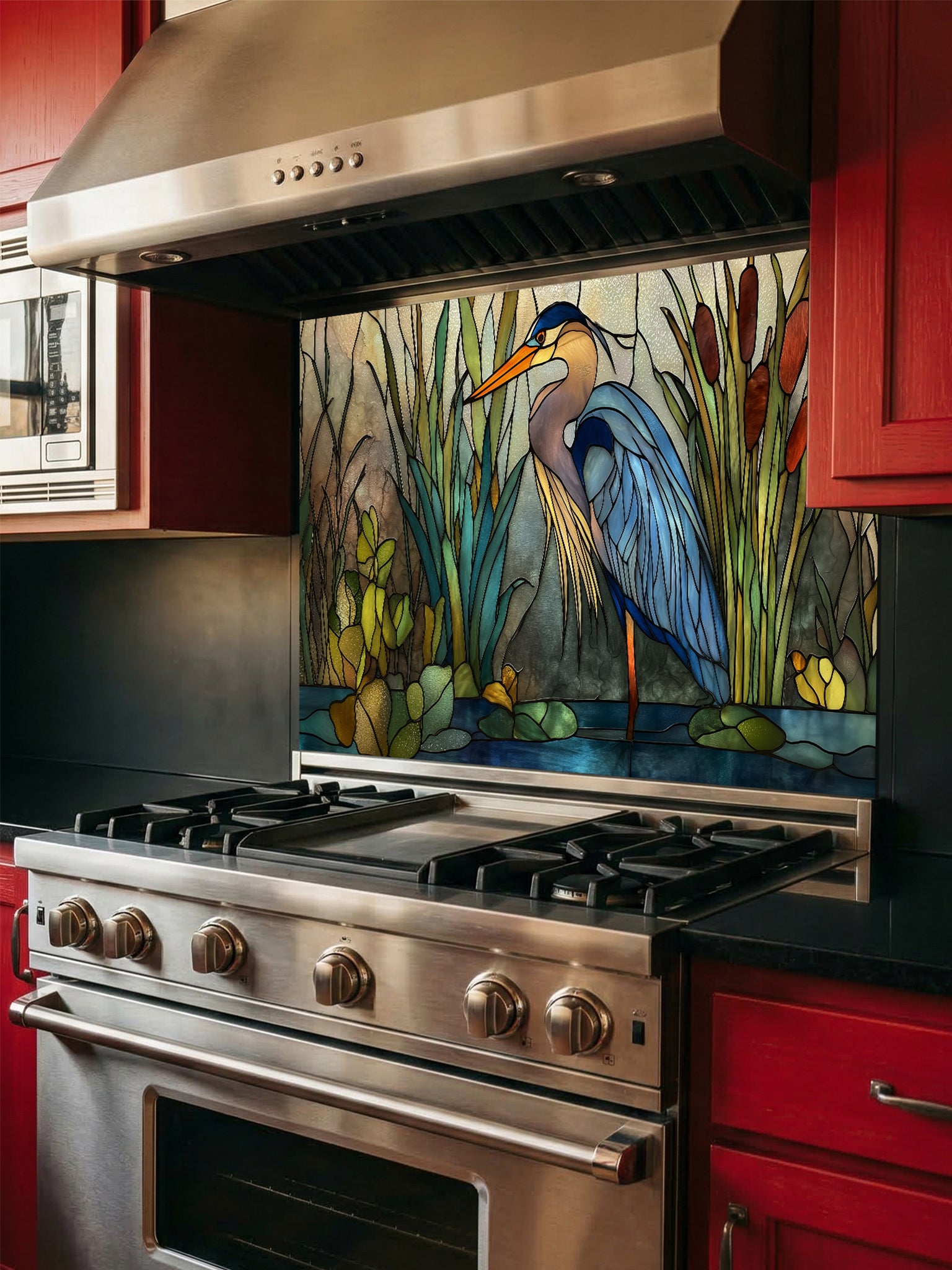Tempered glass kitchen backsplash featuring a serene faux stained glass design of a majestic blue heron standing in a wetland with cattails and lily pads, installed behind a modern stainless steel stove.