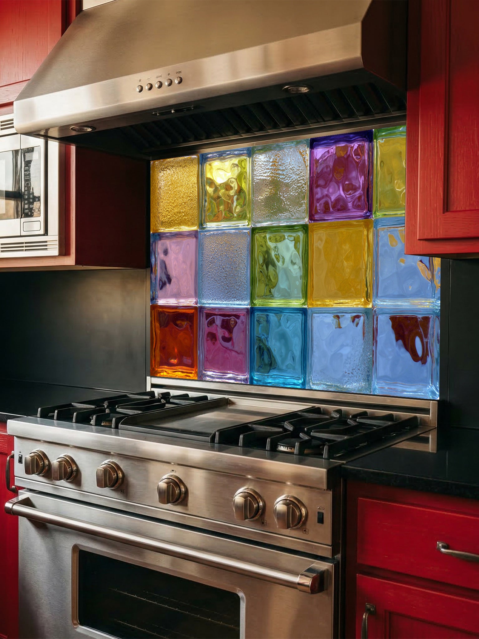 Tempered glass kitchen backsplash featuring a highly realistic 3D illusion of colorful architectural glass blocks in vibrant translucent hues of blue, green, yellow, and purple with wavy textures, installed behind a modern stainless steel stove.